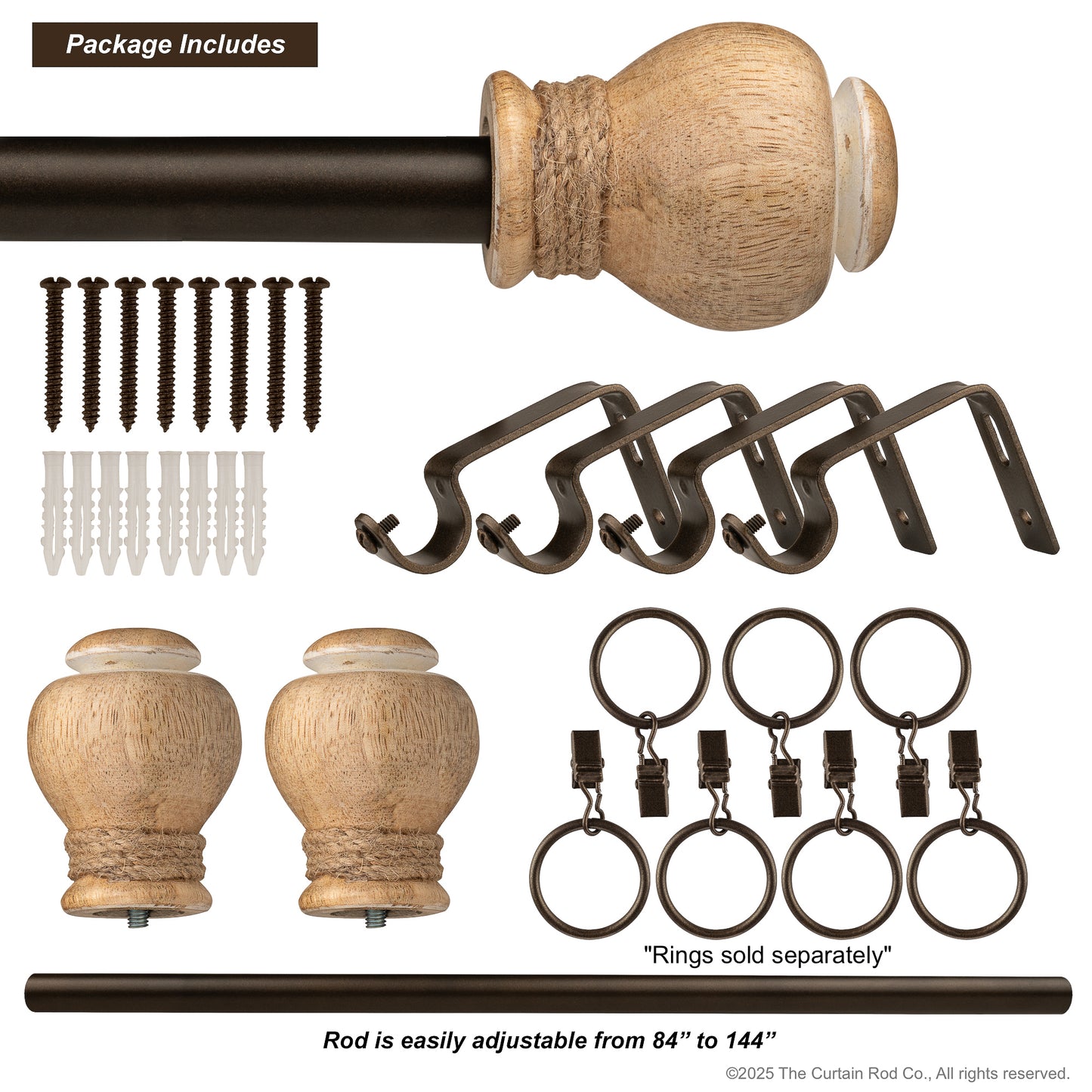 Bali Natural Wood with Bronze Rod Farmhouse Curtain Rod Set