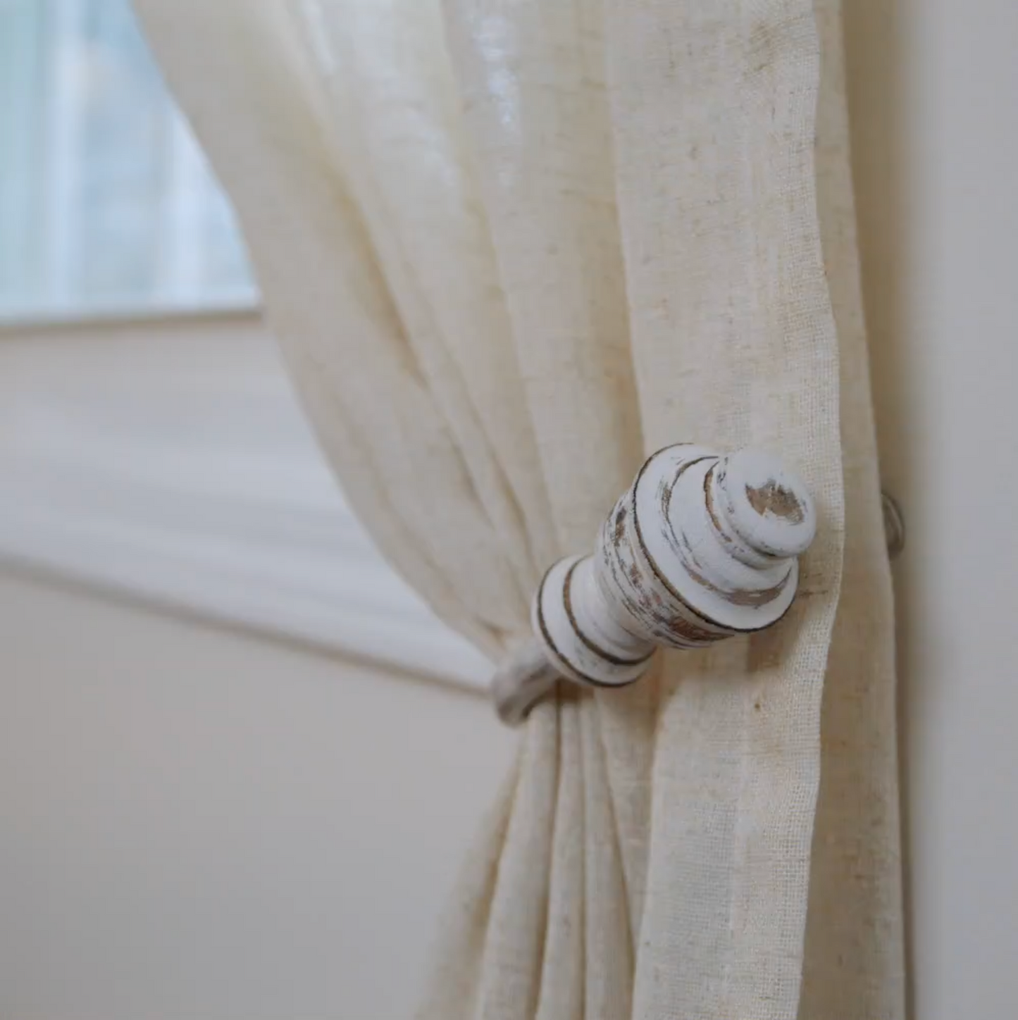 Farmhouse Natural Wood Rustic Distressed Ivory White Curtain Holdbacks Set of 2