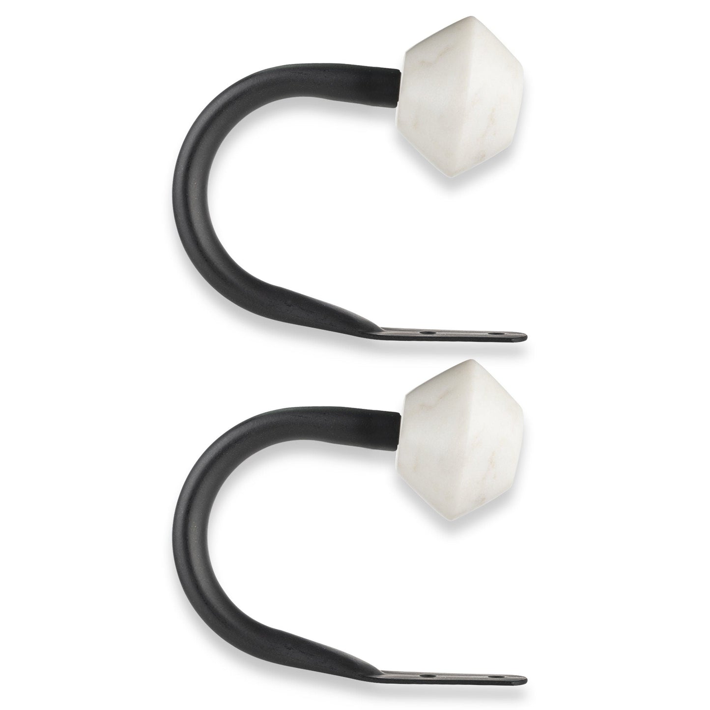 Modern White Marble and Matte Black Curtain Holdbacks (Set of 2)