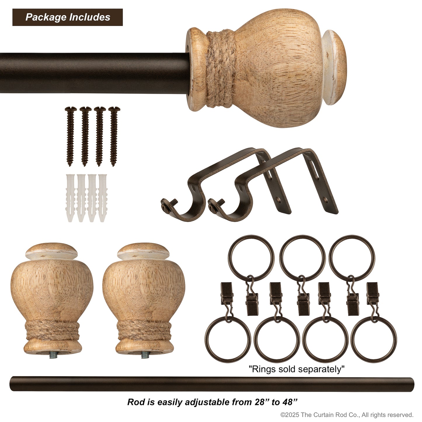 Bali Natural Wood with Bronze Rod Farmhouse Curtain Rod Set