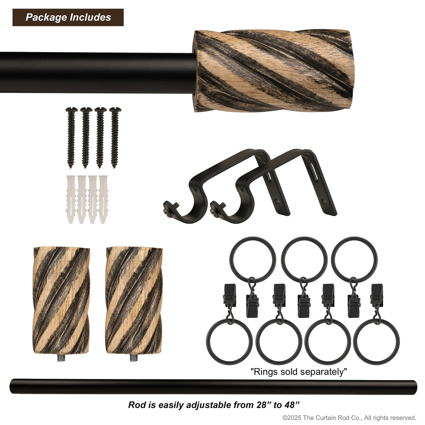 Vintage Barrel Farmhouse Rustic Natural Distressed Black Curtain Rod Set