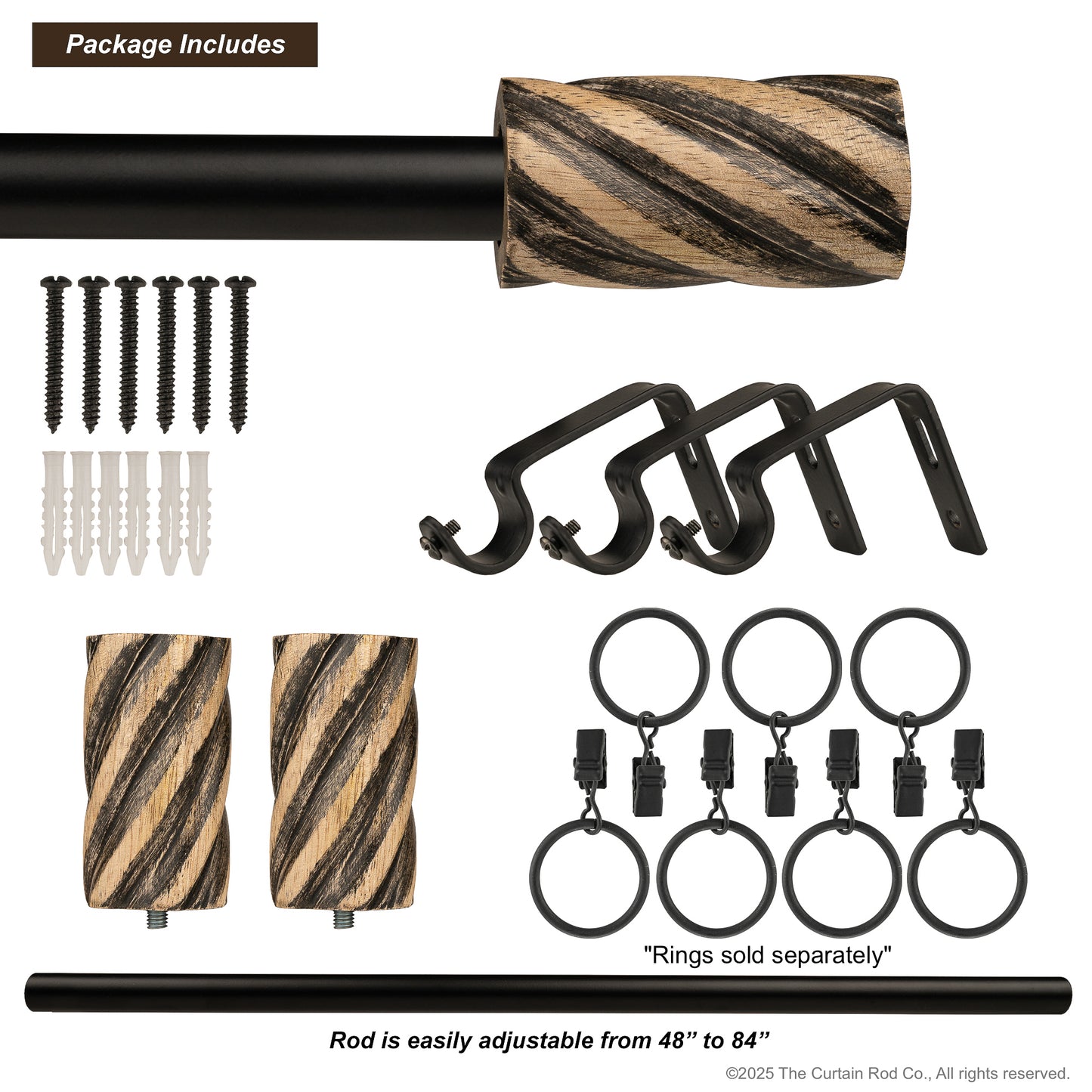 Vintage Barrel Farmhouse Rustic Natural Distressed Black Curtain Rod Set