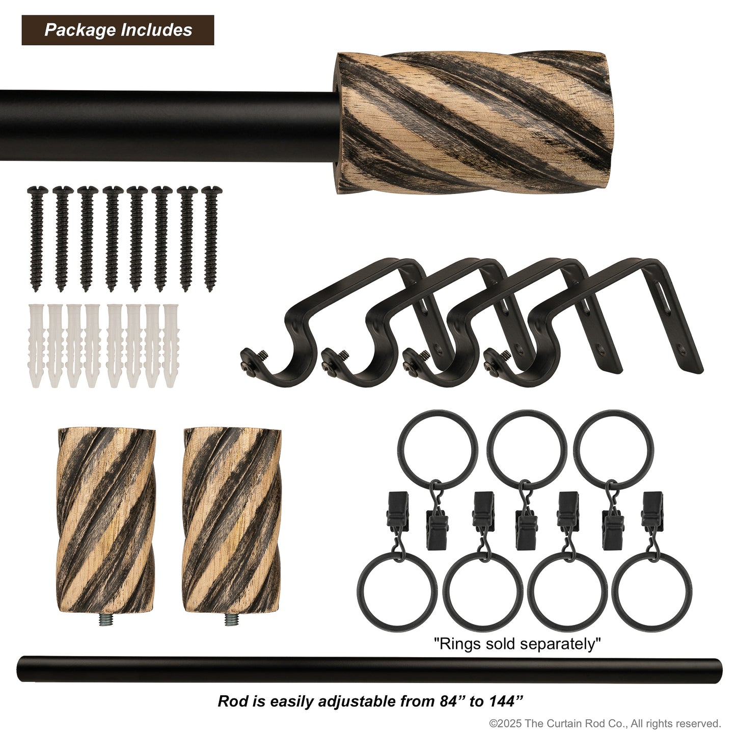 Vintage Barrel Farmhouse Rustic Natural Distressed Black Curtain Rod Set