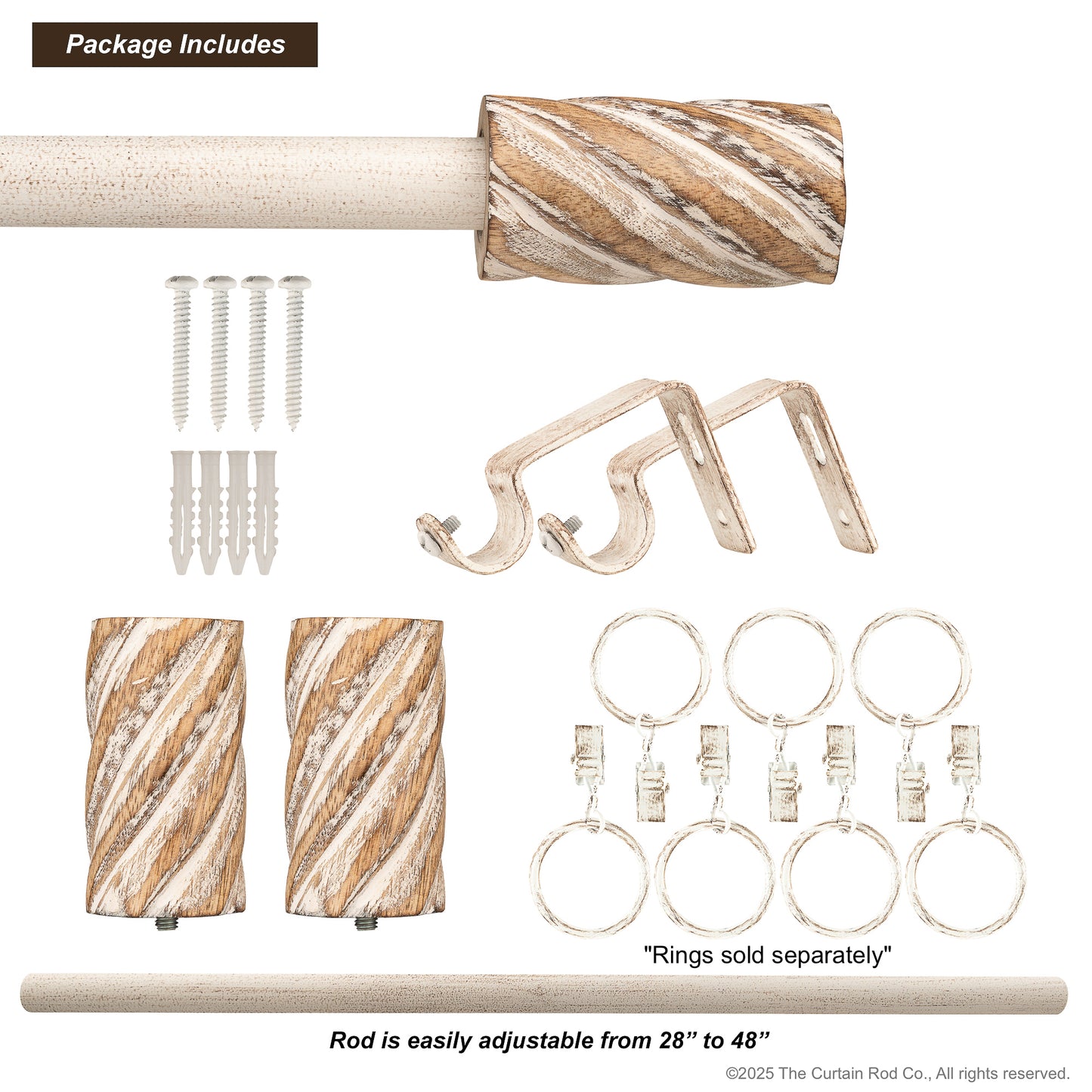 Vintage Barrel Farmhouse Rustic Natural Distressed White Curtain Rod Set