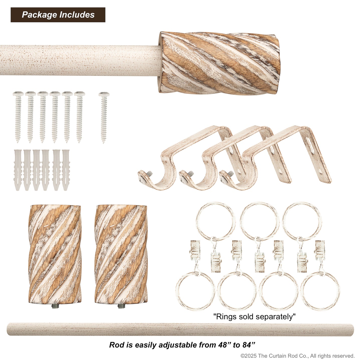 Vintage Barrel Farmhouse Rustic Natural Distressed White Curtain Rod Set