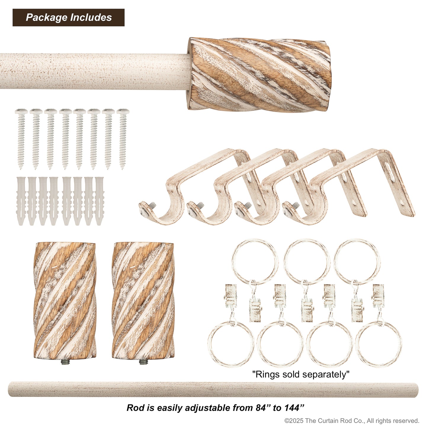 Vintage Barrel Farmhouse Rustic Natural Distressed White Curtain Rod Set