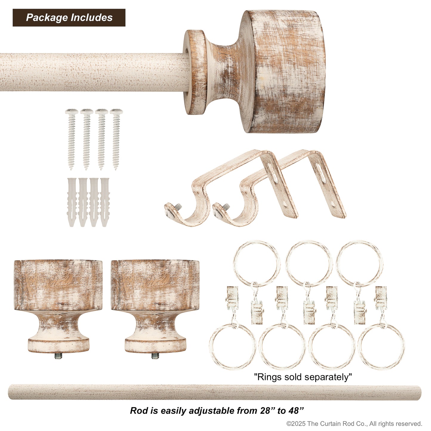 Ezra Distressed White Wood Modern Farmhouse Curtain Rod Set