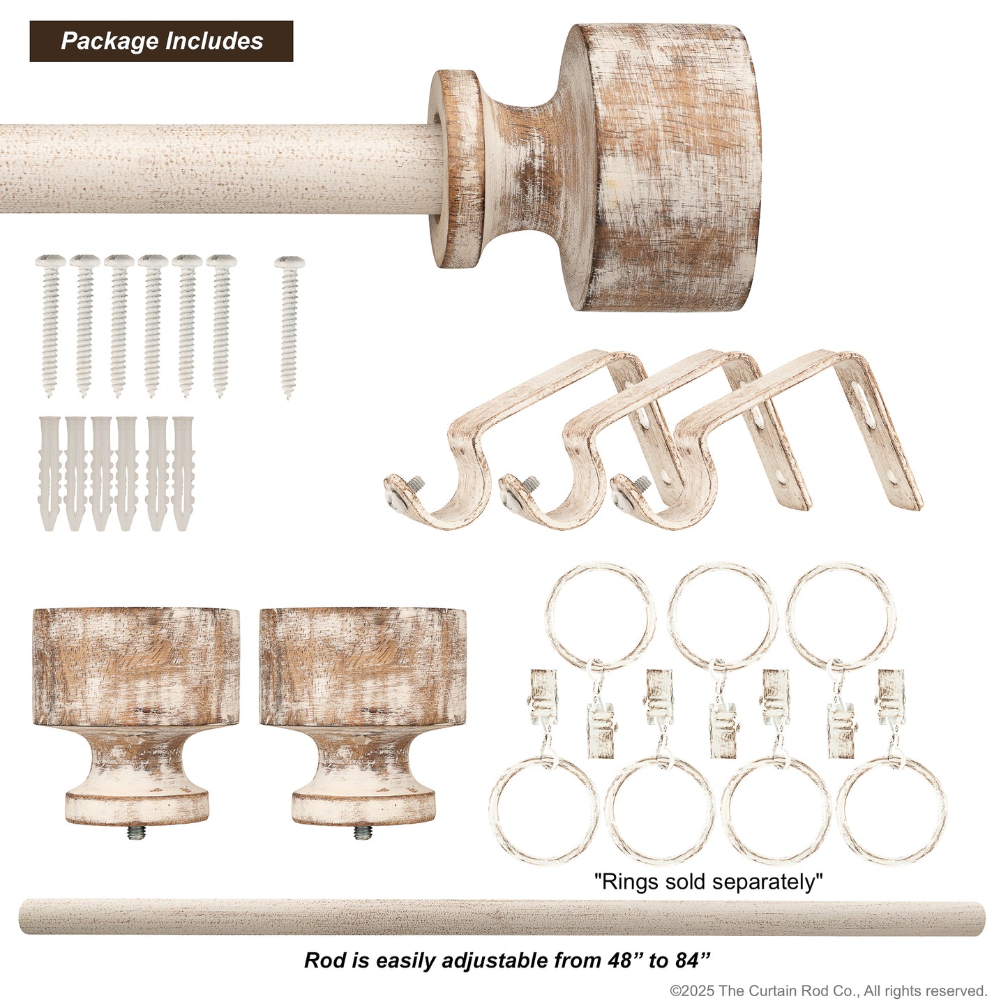 Ezra Distressed White Wood Modern Farmhouse Curtain Rod Set