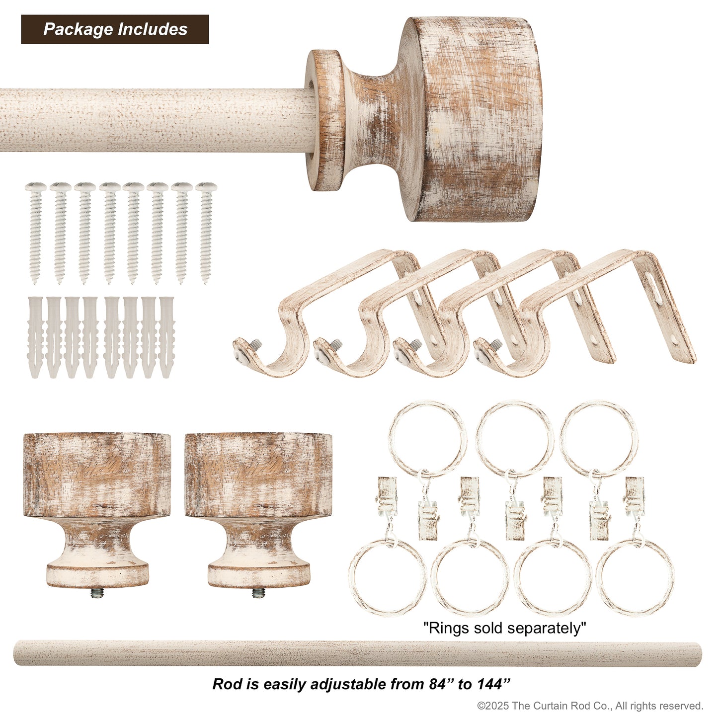 Ezra Distressed White Wood Modern Farmhouse Curtain Rod Set