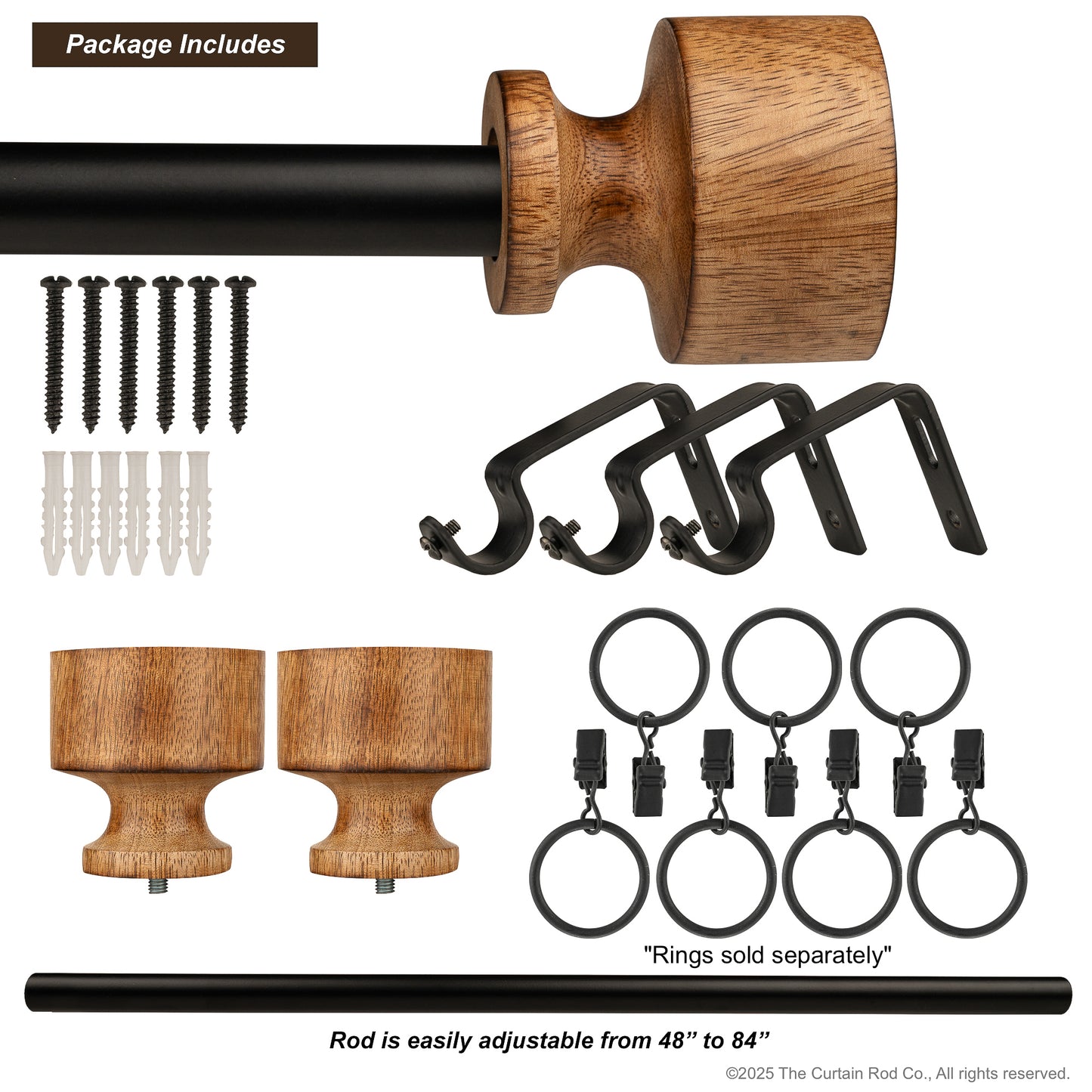 Natural Organic Rustic Wood Farmhouse Curtain Rod Set