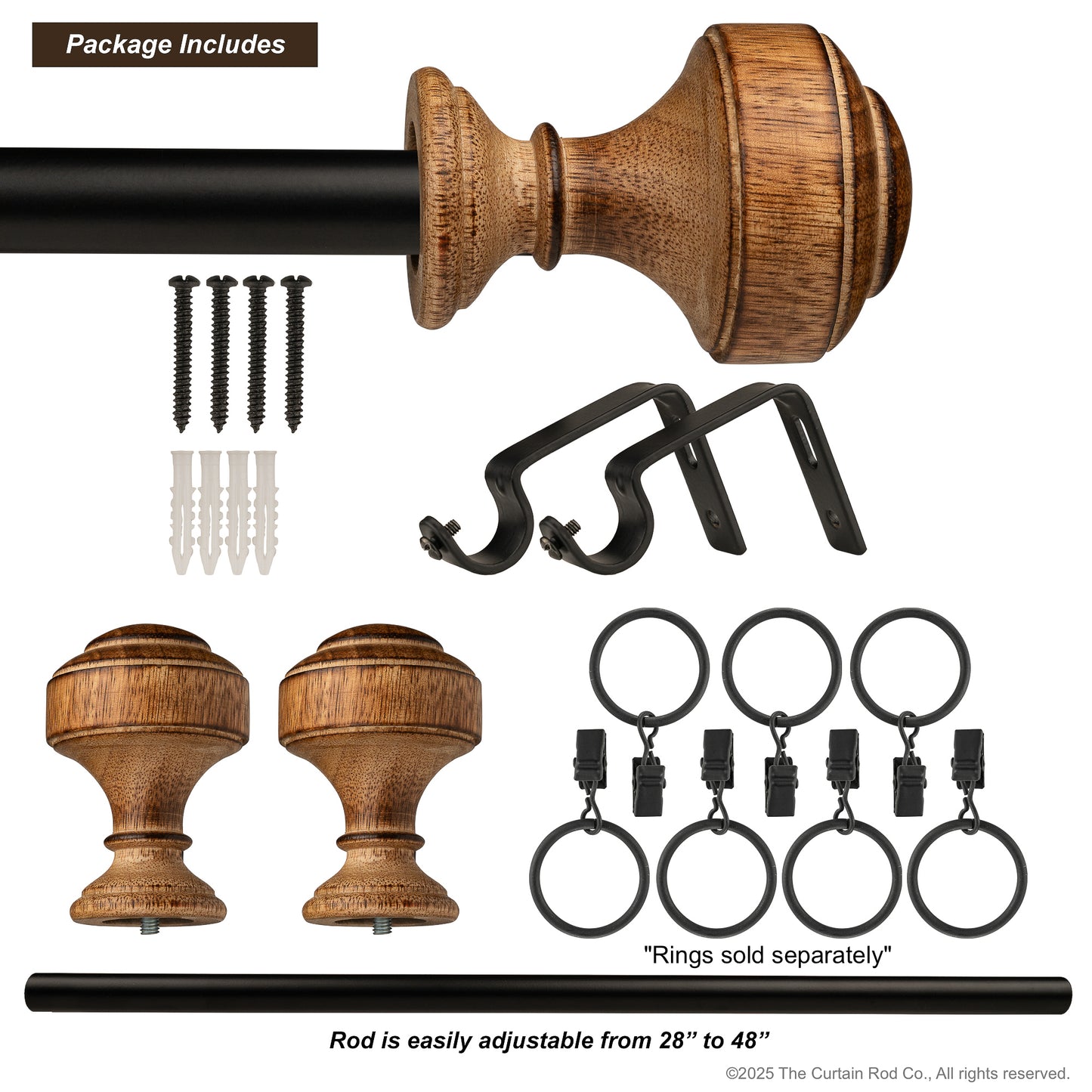 Natural Burnt Knob Style Rustic Wood Farmhouse Curtain Rod Set