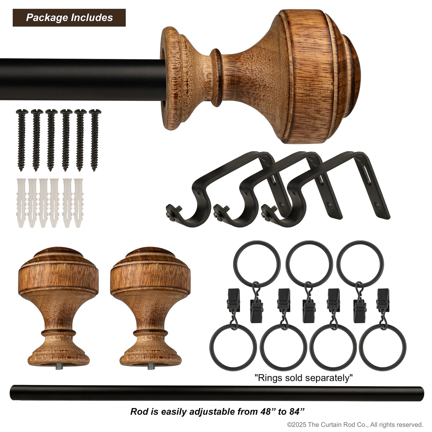 Natural Burnt Knob Style Rustic Wood Farmhouse Curtain Rod Set
