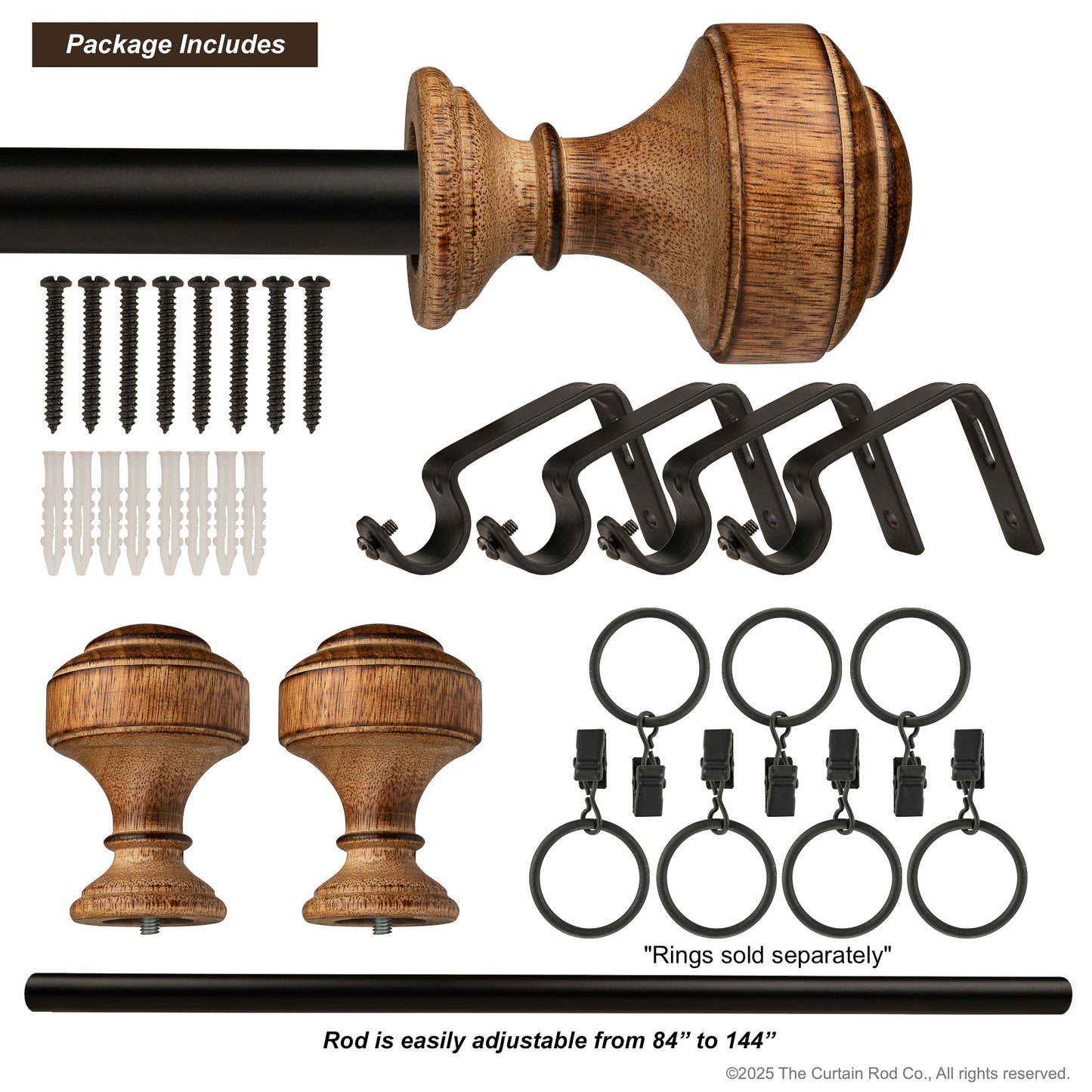 Natural Burnt Knob Style Rustic Wood Farmhouse Curtain Rod Set