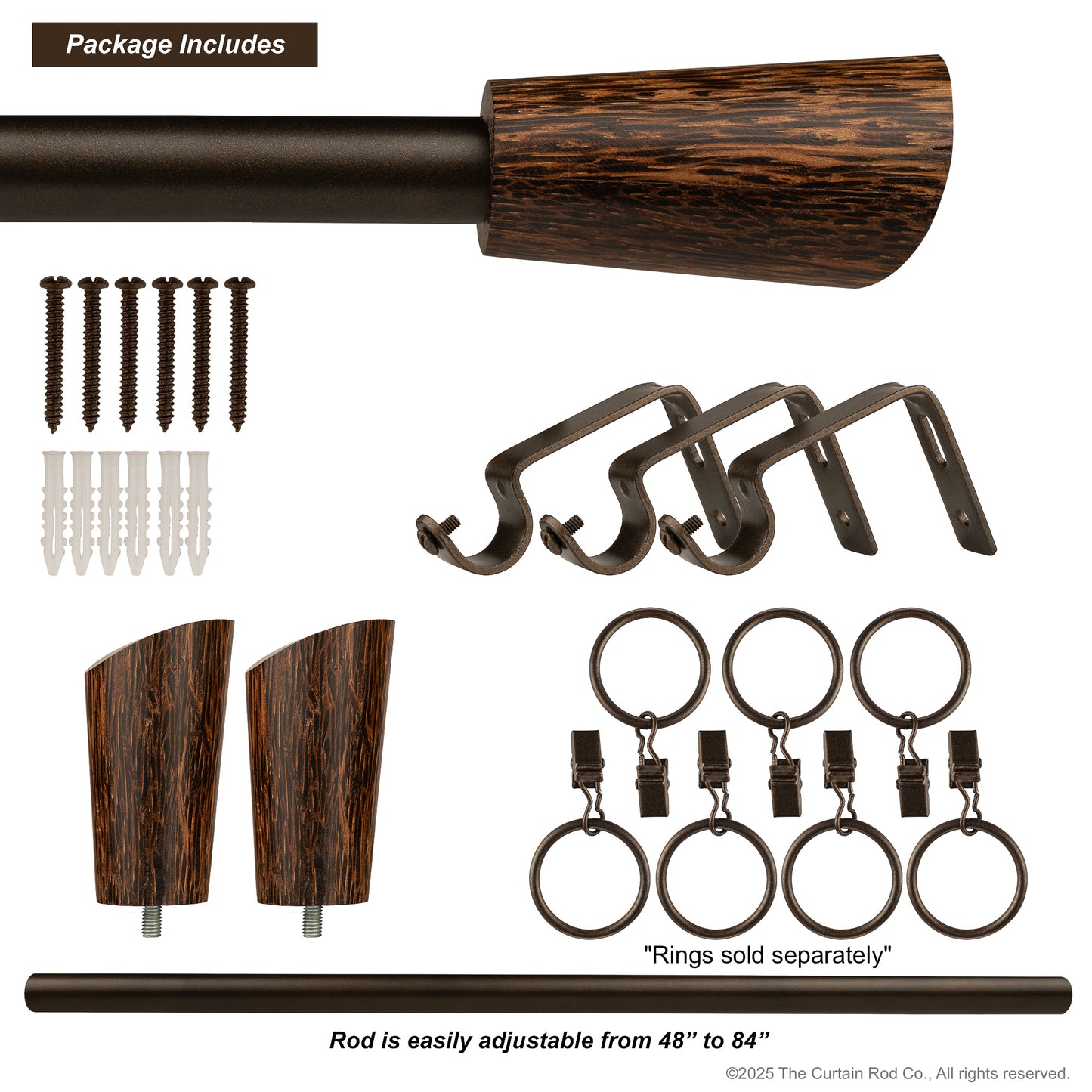 Wenge Real Wood Modern Bronze or Matte Black Farmhouse Curtain Rod Set