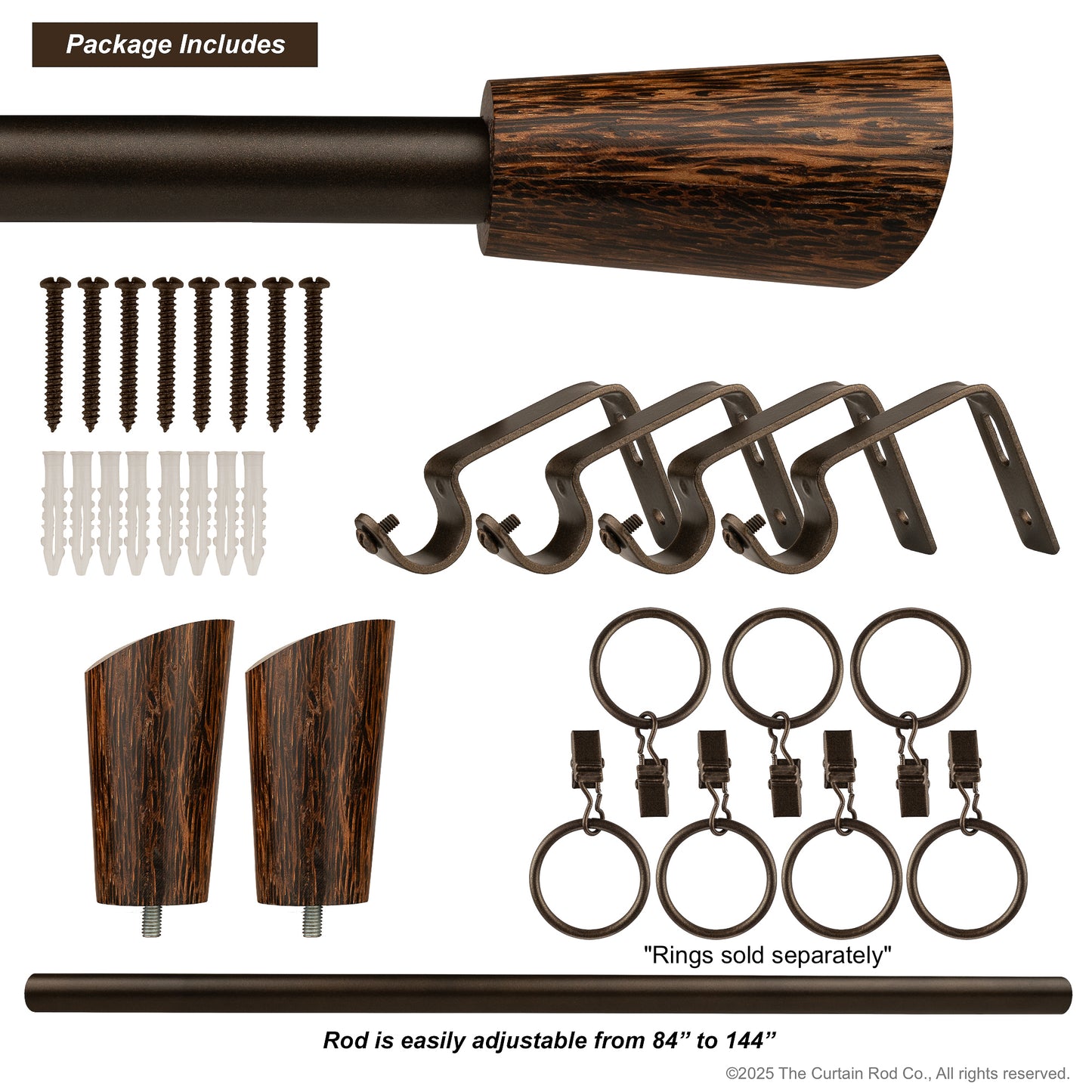 Wenge Real Wood Modern Bronze or Matte Black Farmhouse Curtain Rod Set