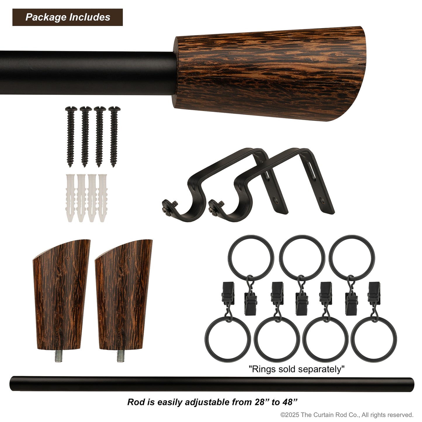 Wenge Real Wood Modern Bronze or Matte Black Farmhouse Curtain Rod Set