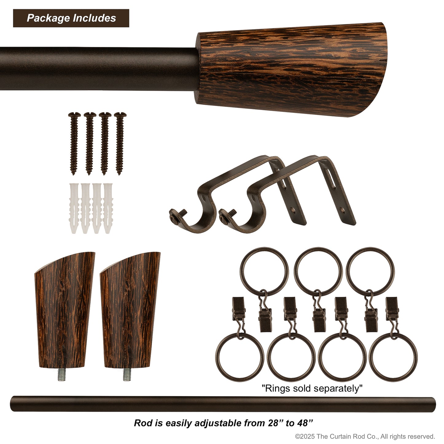 Wenge Real Wood Modern Bronze or Matte Black Farmhouse Curtain Rod Set