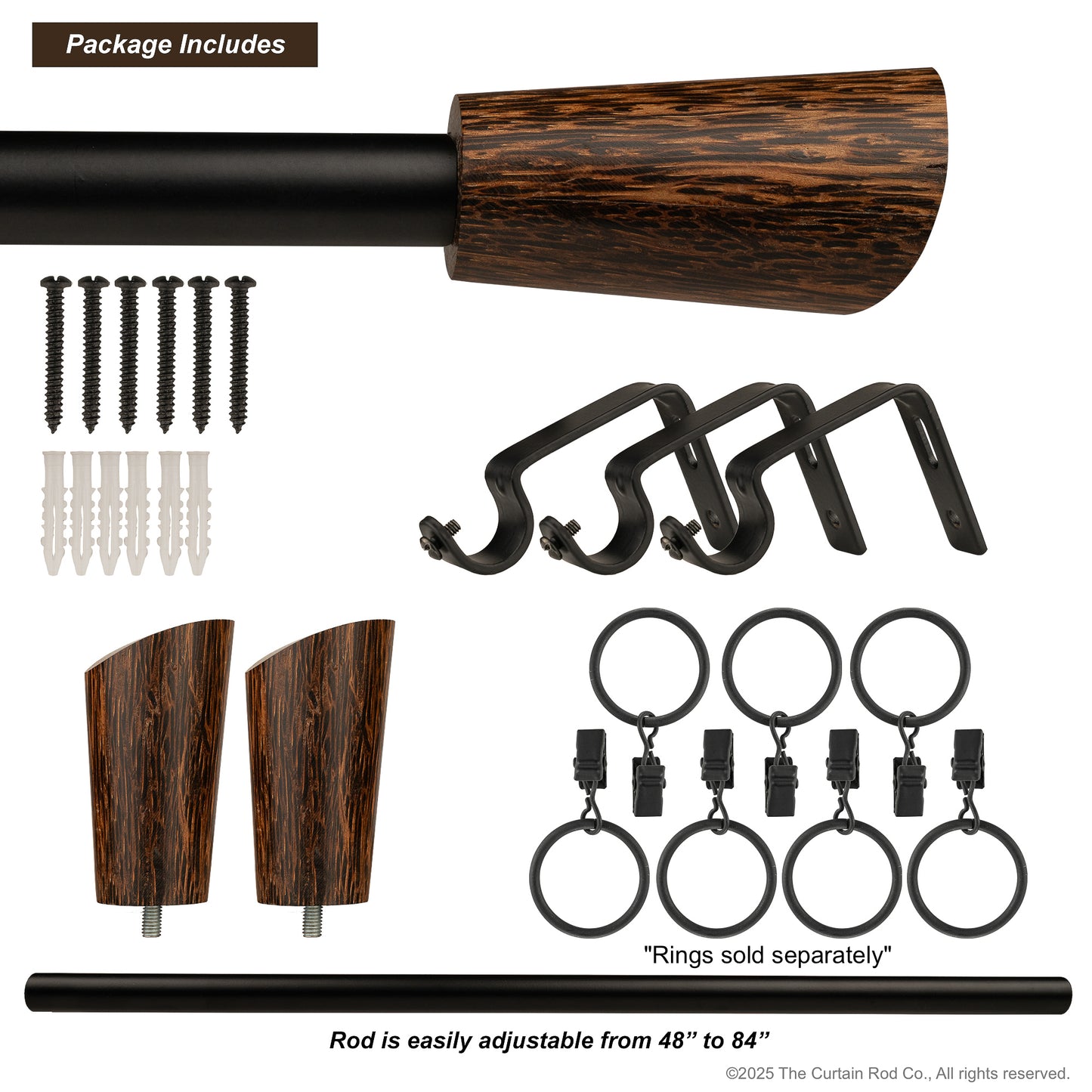 Wenge Real Wood Modern Bronze or Matte Black Farmhouse Curtain Rod Set