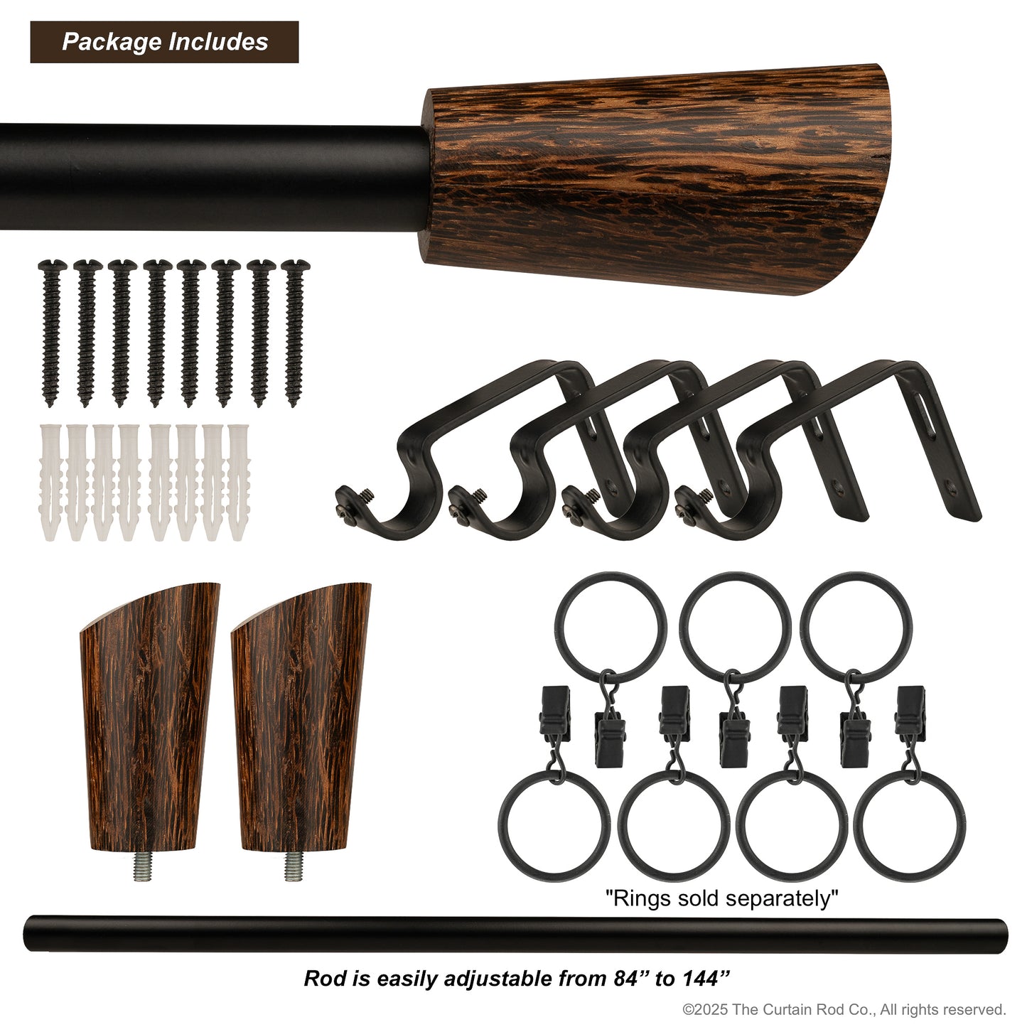 Wenge Real Wood Modern Bronze or Matte Black Farmhouse Curtain Rod Set