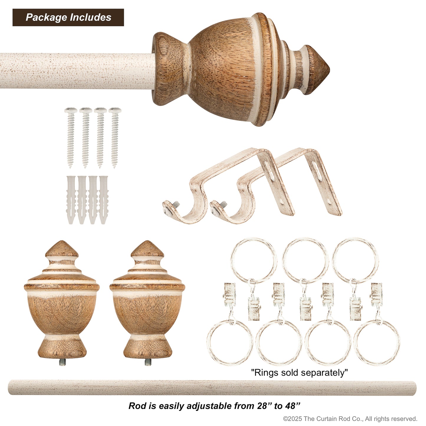 Vintage Farmhouse Rustic Natural Distressed White Curtain Rod Set