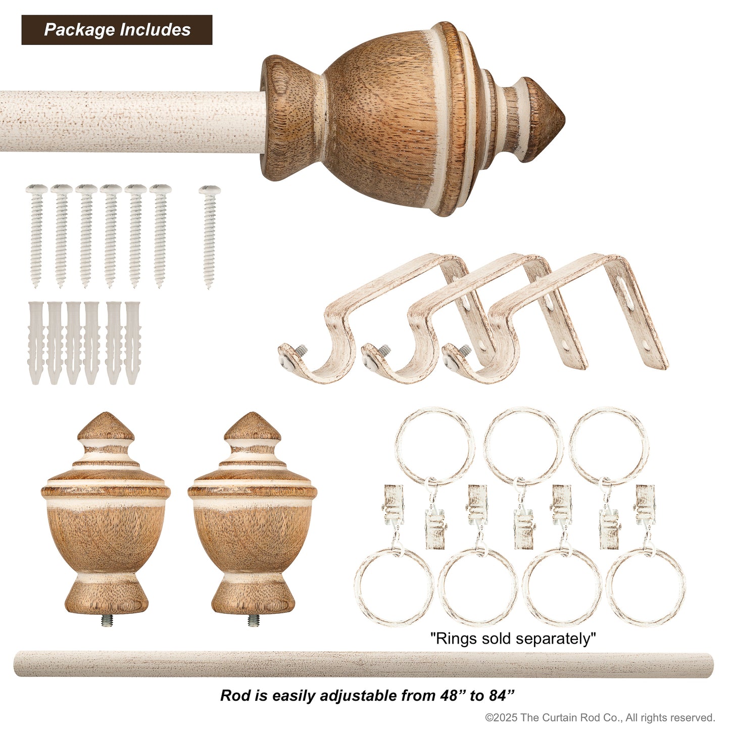 Vintage Farmhouse Rustic Natural Distressed White Curtain Rod Set