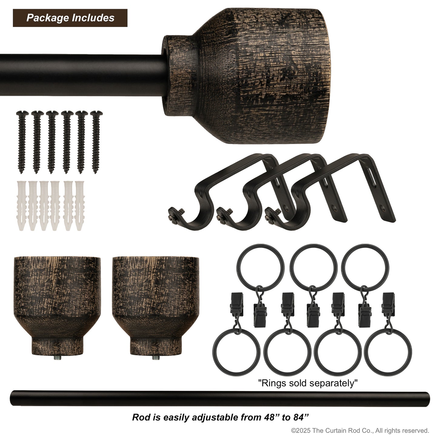 Matea Modern Farmhouse Distressed Black Farmhouse Curtain Rod Set