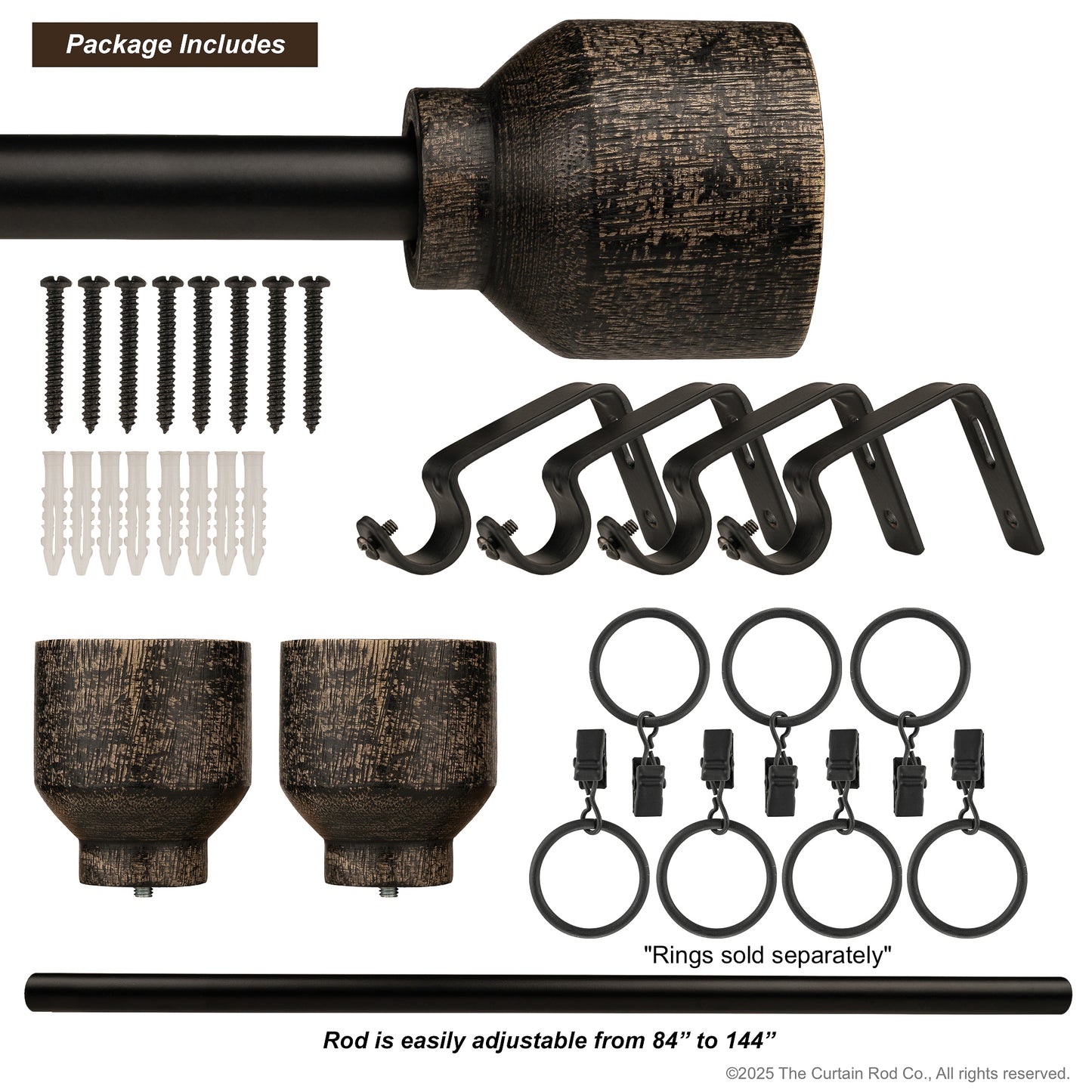 Matea Modern Farmhouse Distressed Black Farmhouse Curtain Rod Set