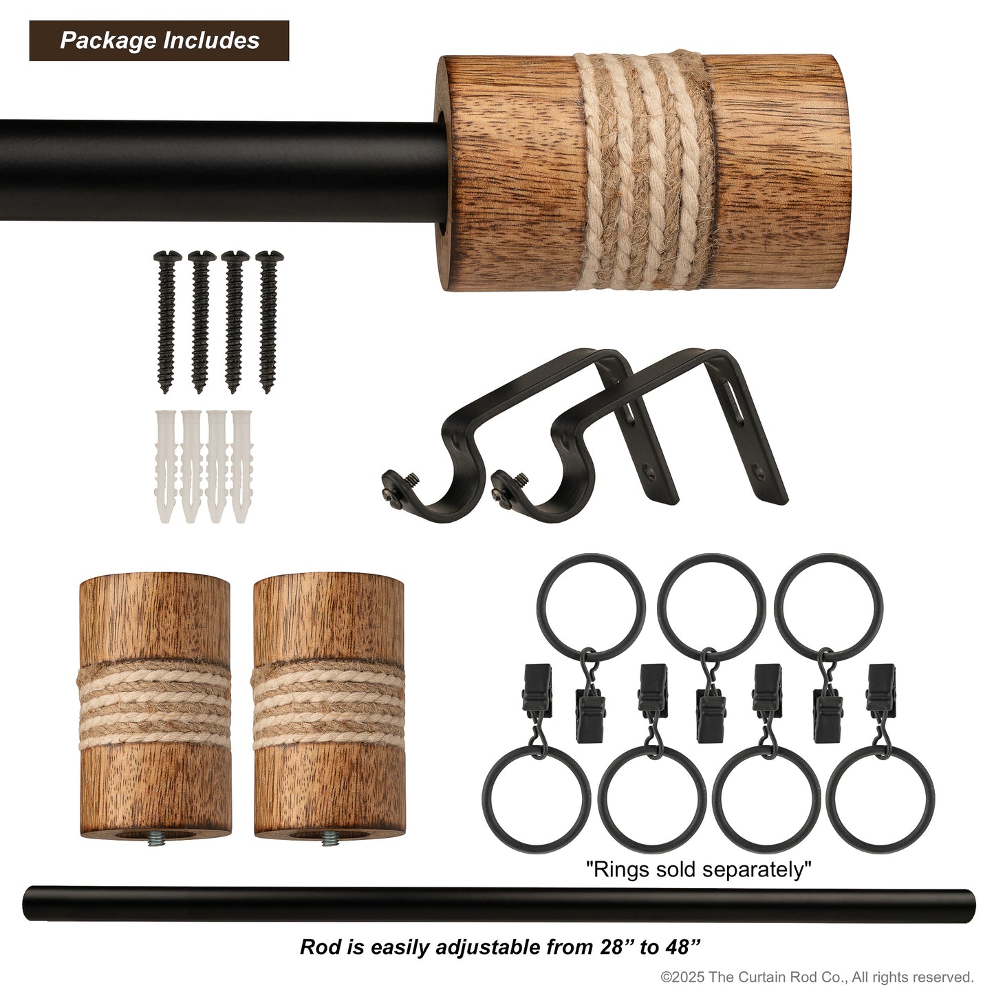 Dinah Modern Farmhouse Natural Wood with Rope Curtain Rod Set