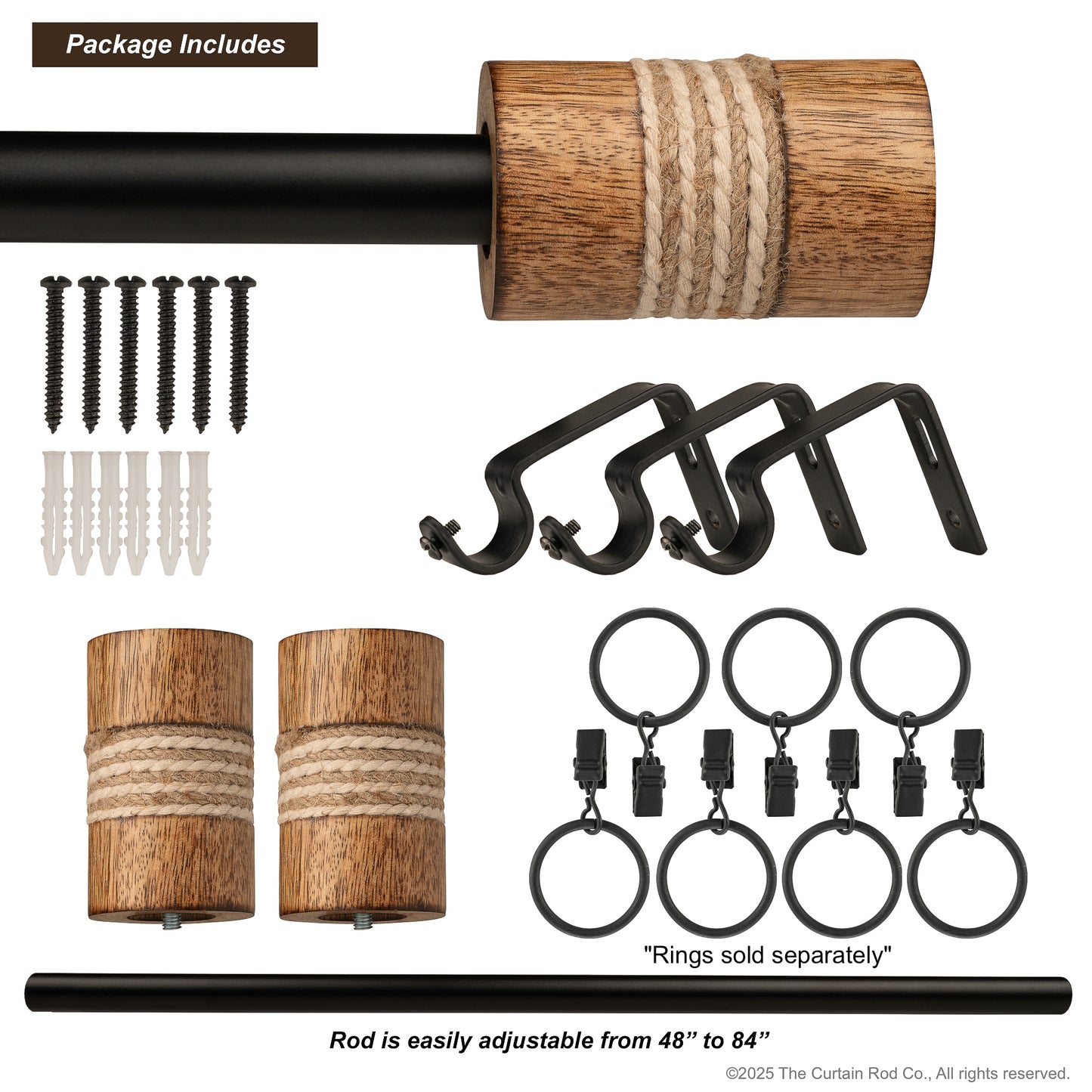 Dinah Modern Farmhouse Natural Wood with Rope Curtain Rod Set