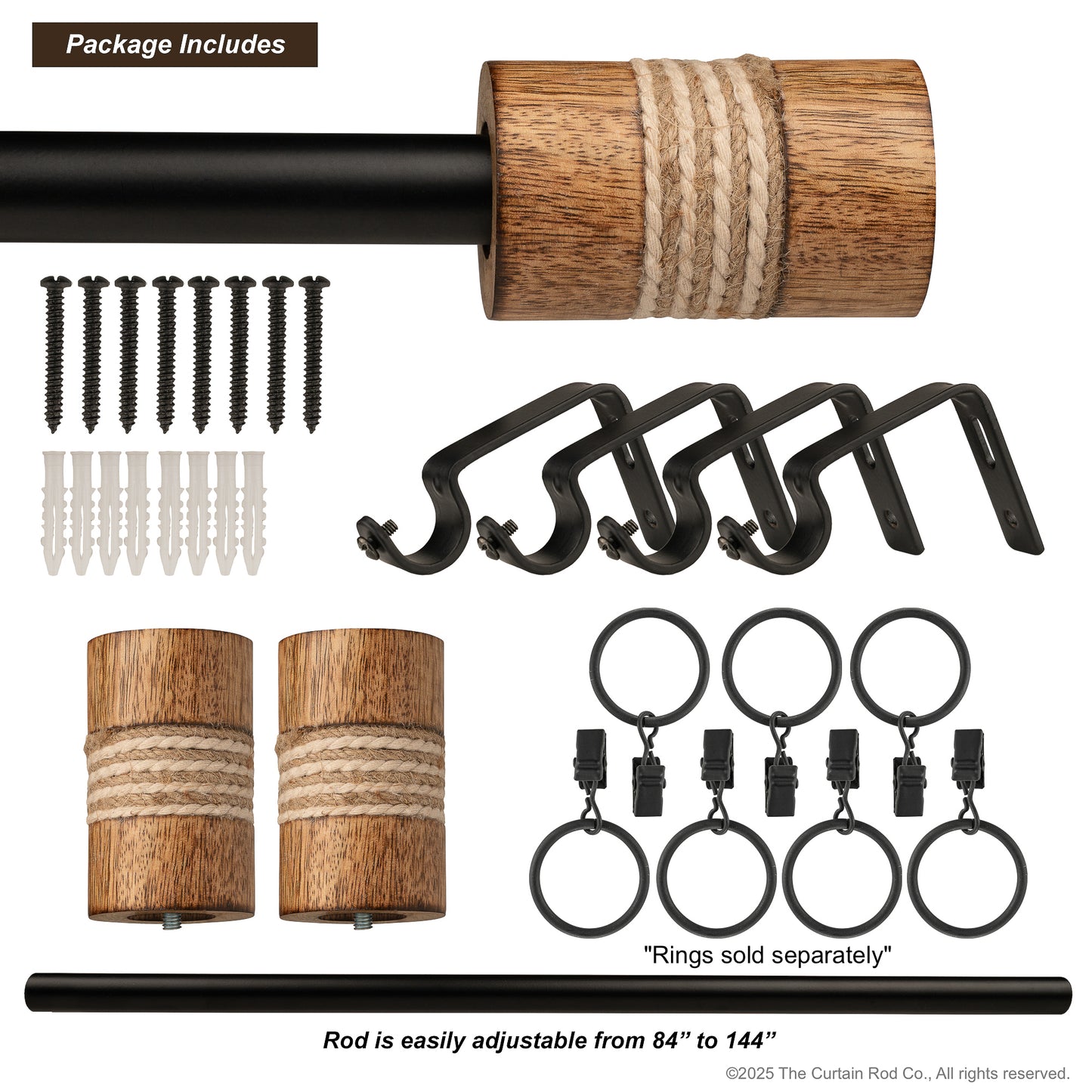 Dinah Modern Farmhouse Natural Wood with Rope Curtain Rod Set
