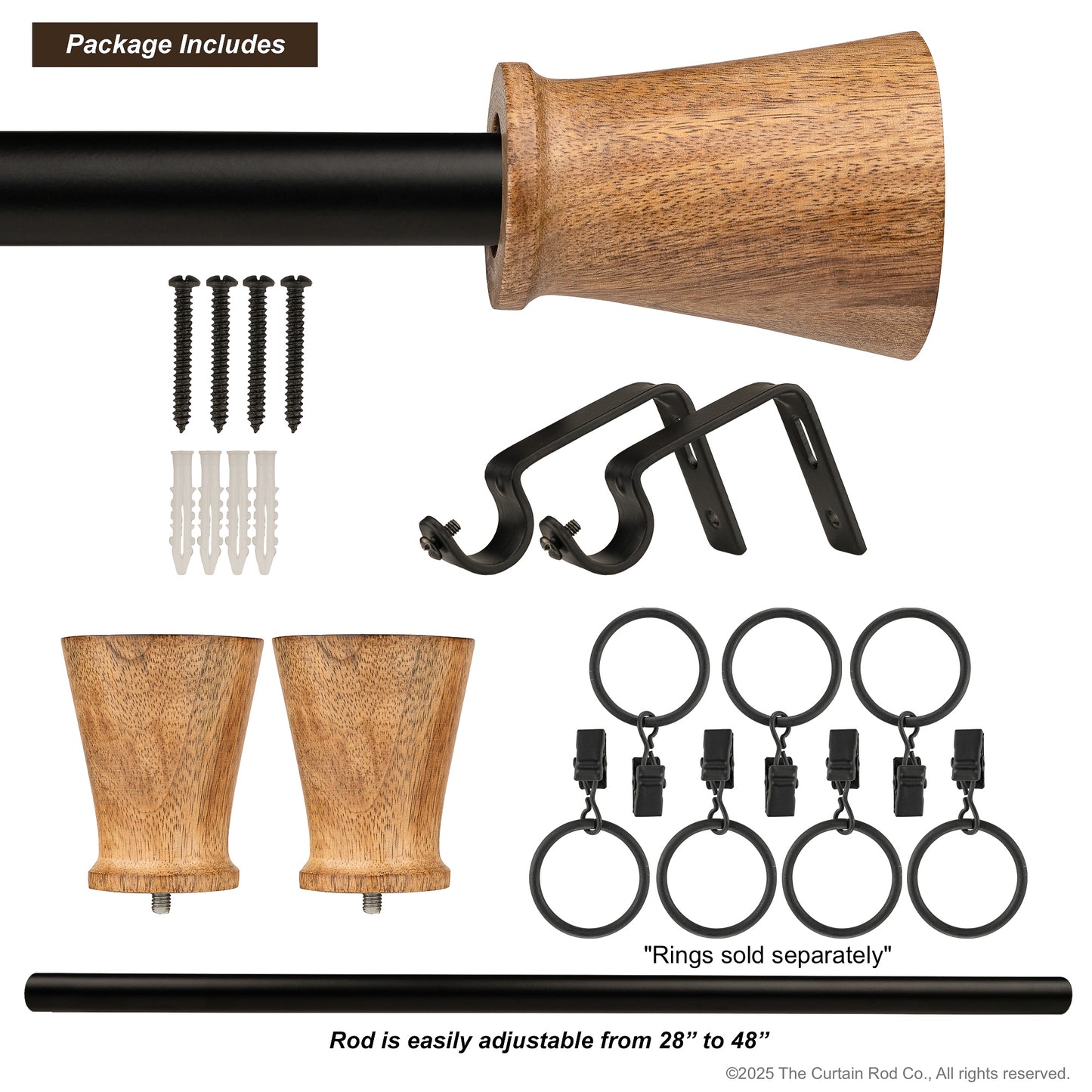 Fluted Natural Organic Rustic Wood Farmhouse Curtain Rod Set