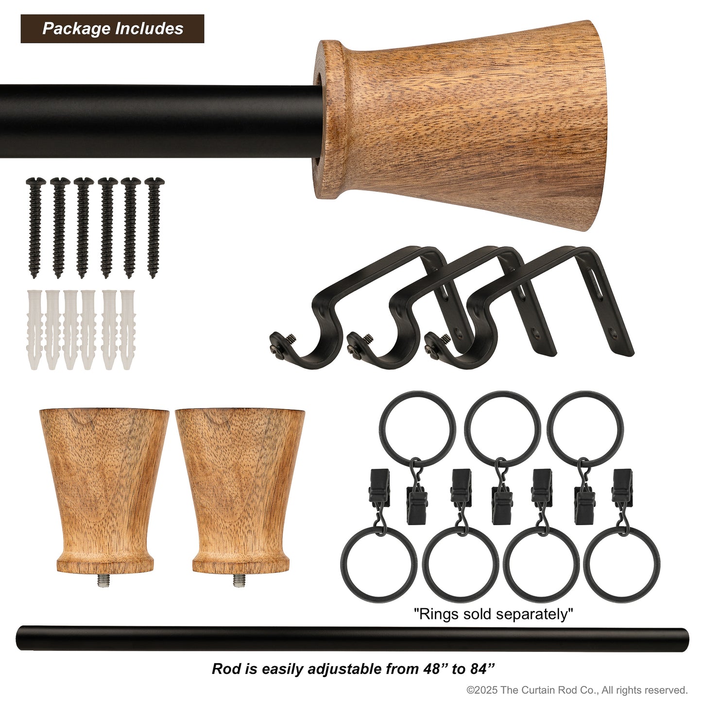 Fluted Natural Organic Rustic Wood Farmhouse Curtain Rod Set