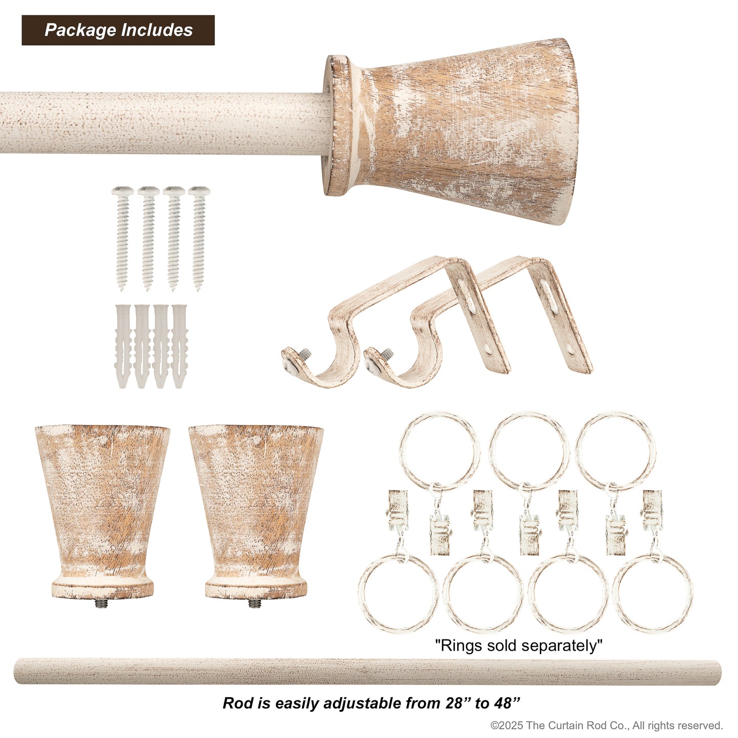 Fluted Distressed White Wood Modern Farmhouse Curtain Rod Set