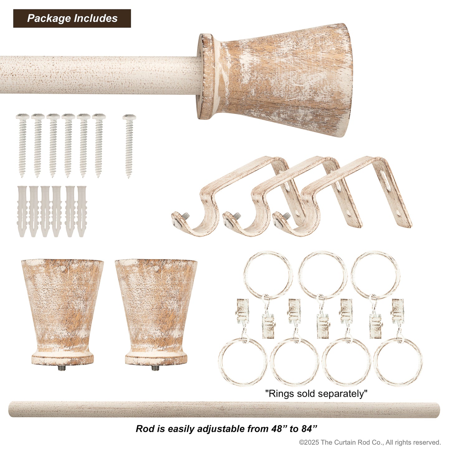 Fluted Distressed White Wood Modern Farmhouse Curtain Rod Set
