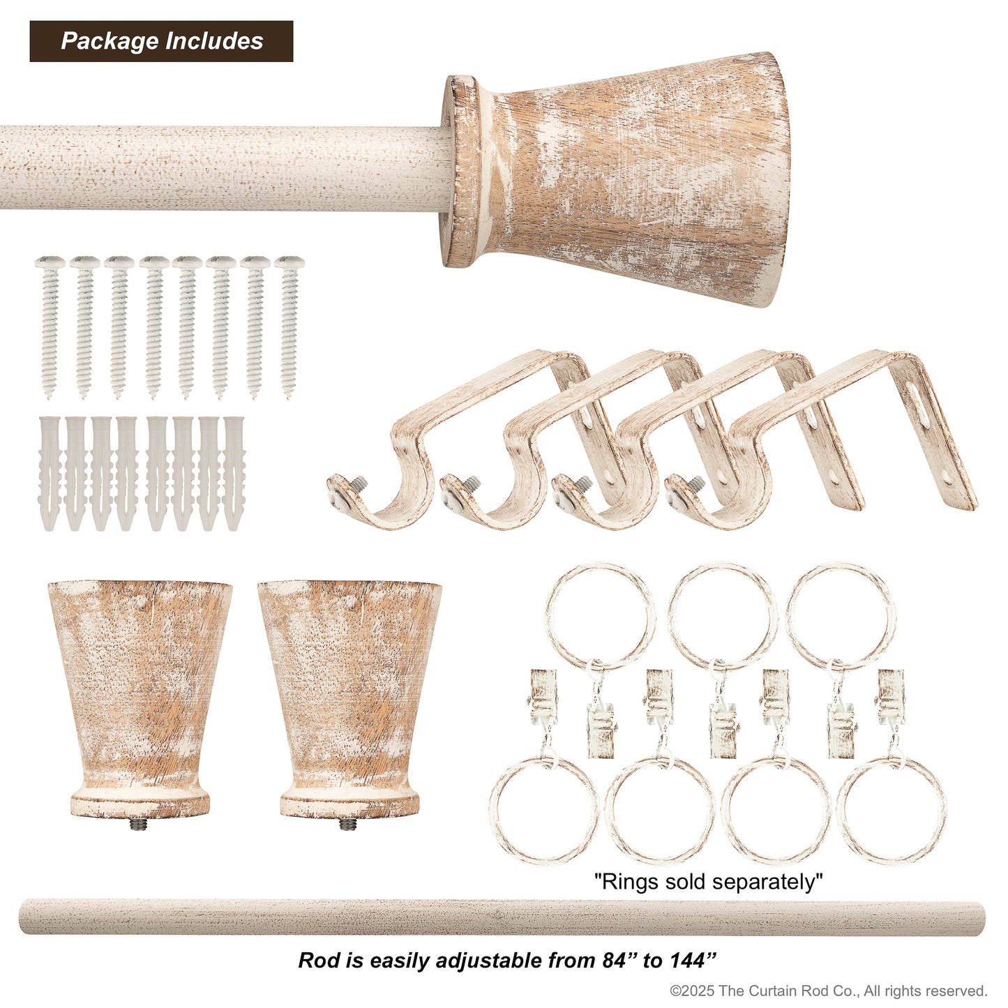 Fluted Distressed White Wood Modern Farmhouse Curtain Rod Set