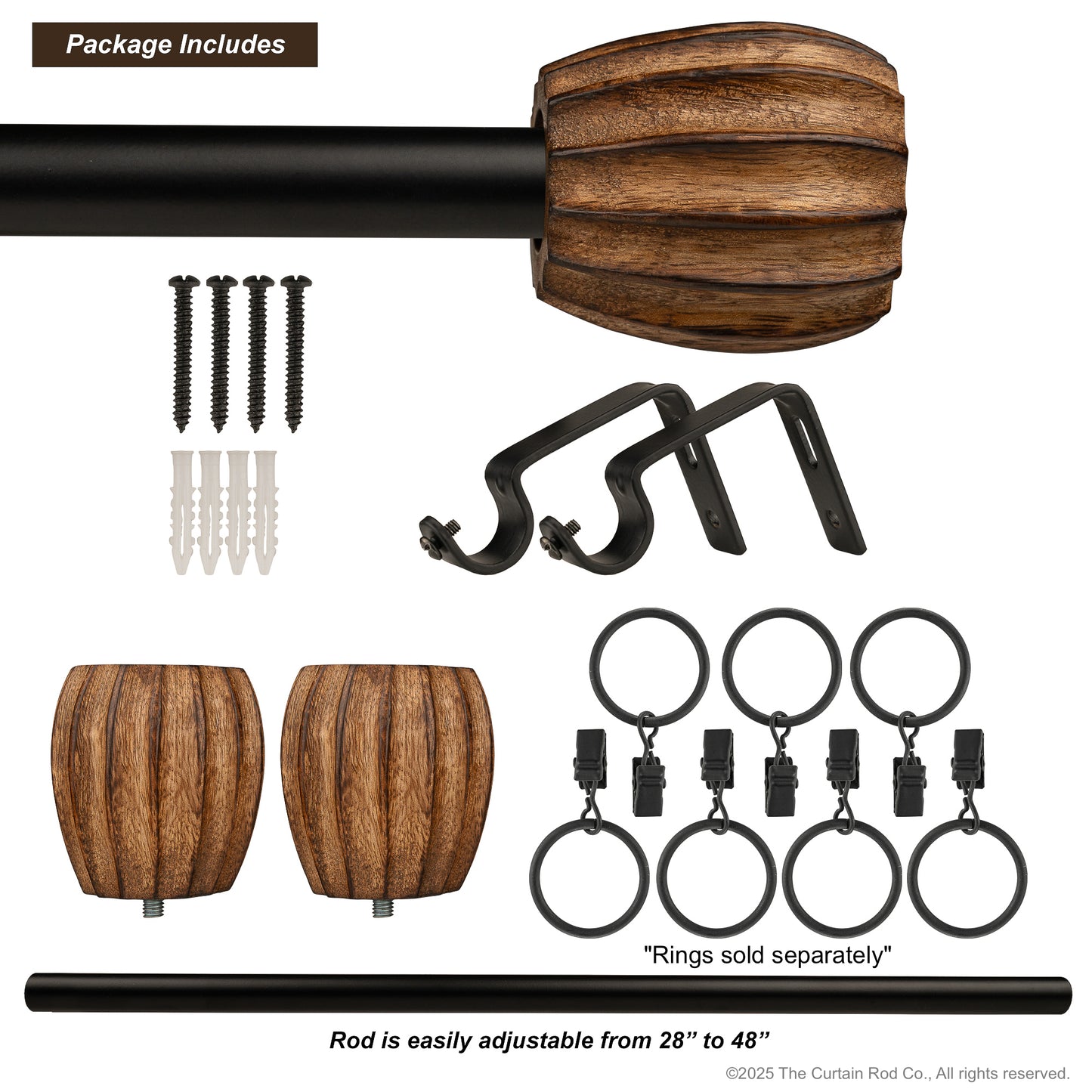 Vintage Dover Carved Wood Black or Bronze Farmhouse Curtain Rod Set