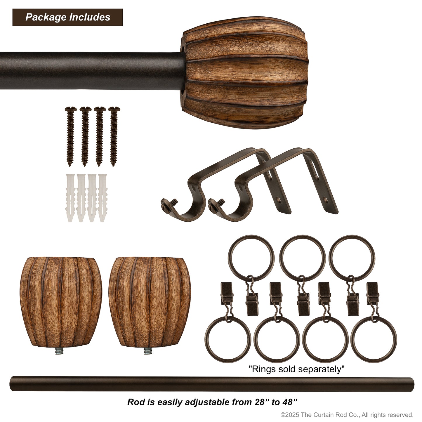 Vintage Dover Carved Wood Black or Bronze Farmhouse Curtain Rod Set