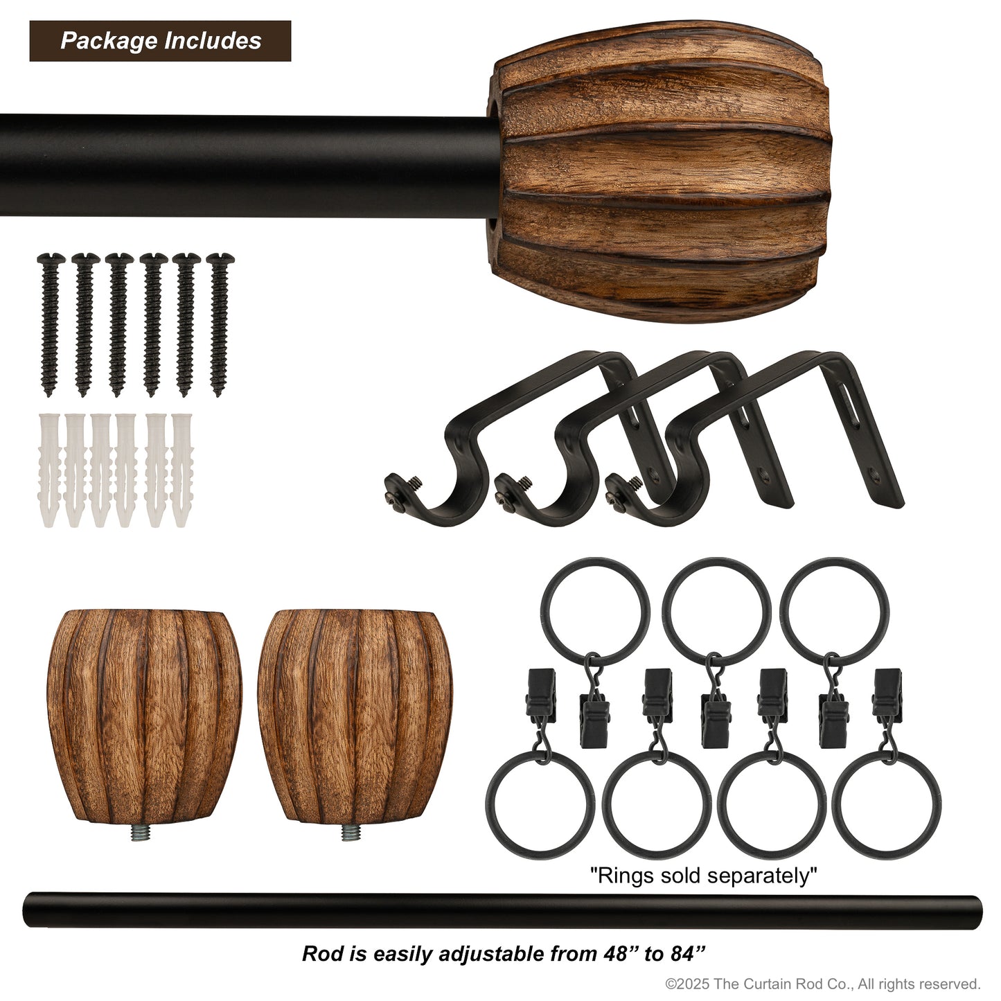 Vintage Dover Carved Wood Black or Bronze Farmhouse Curtain Rod Set