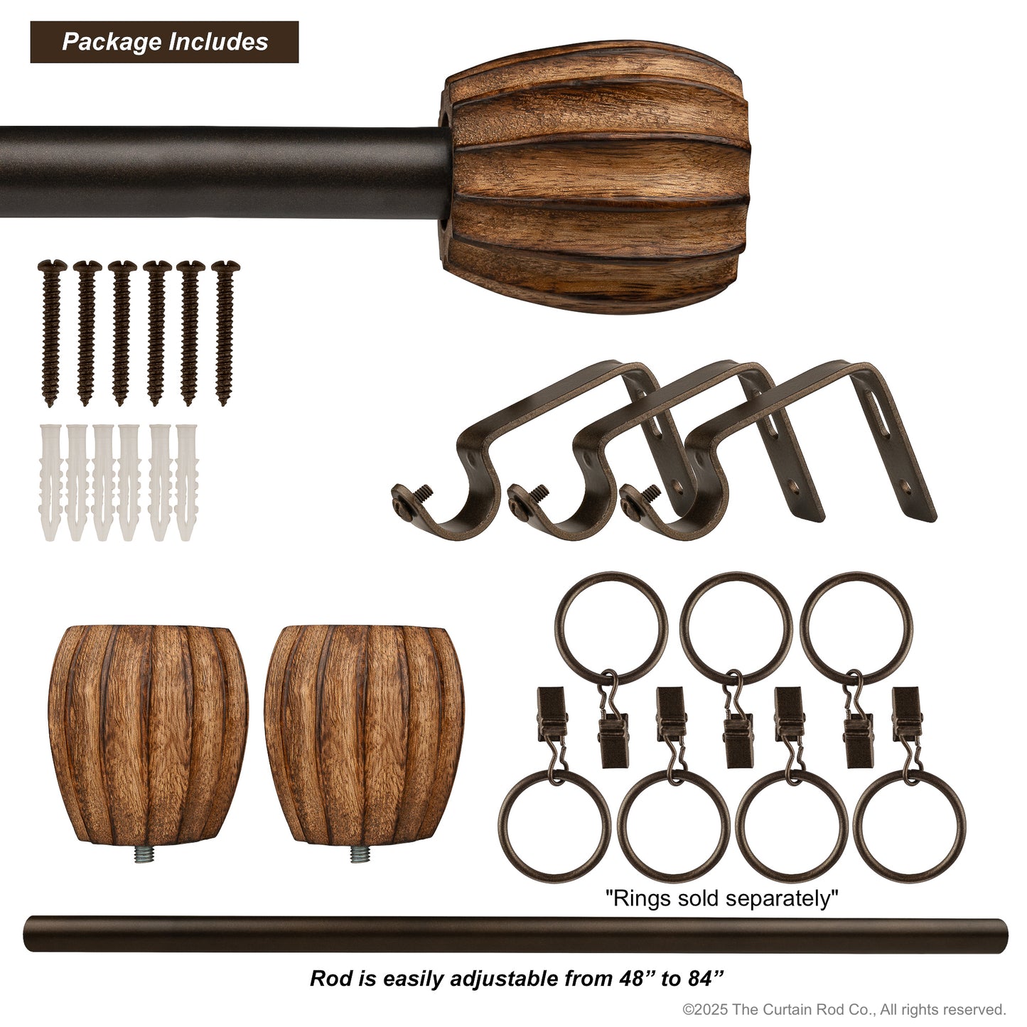 Vintage Dover Carved Wood Black or Bronze Farmhouse Curtain Rod Set