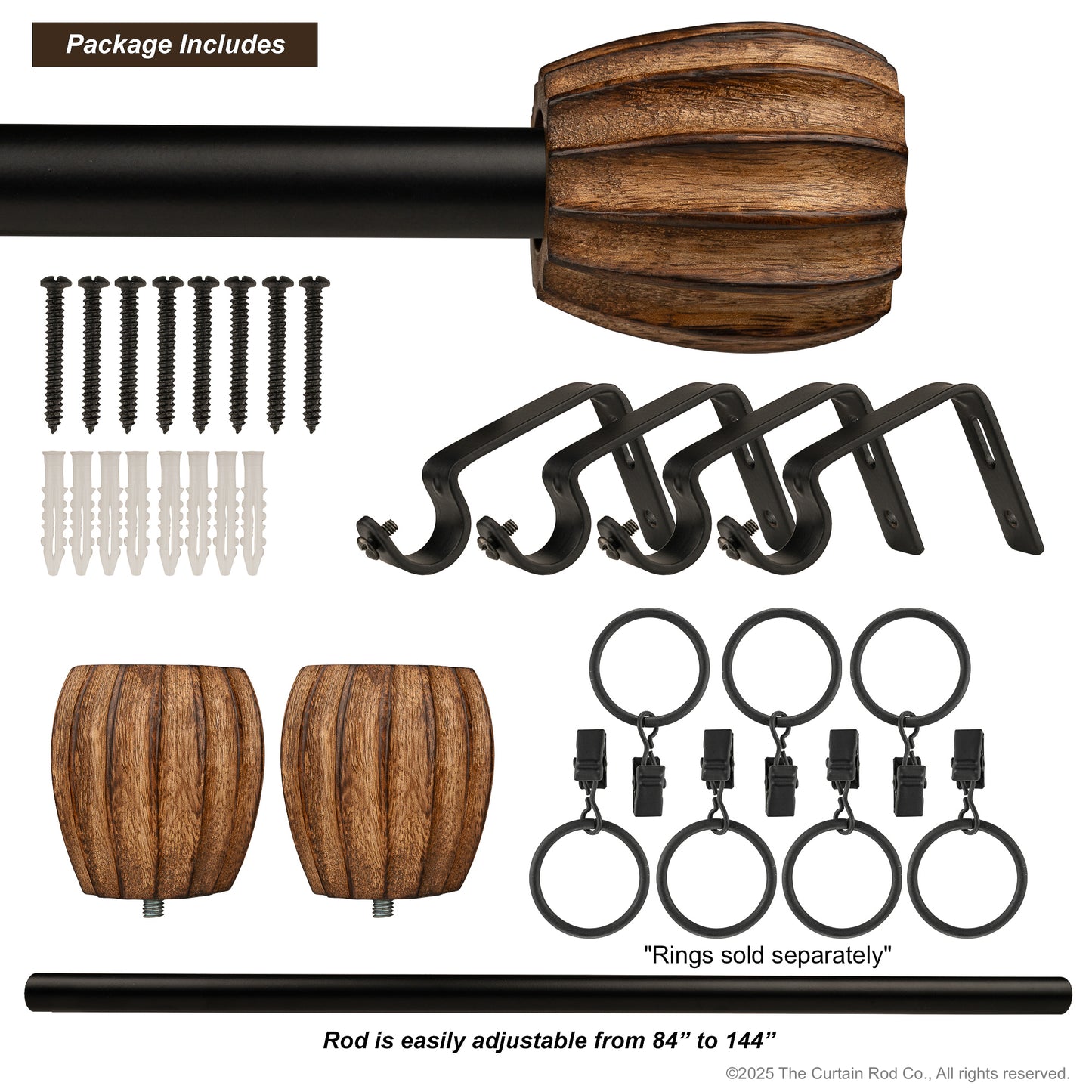 Vintage Dover Carved Wood Black or Bronze Farmhouse Curtain Rod Set