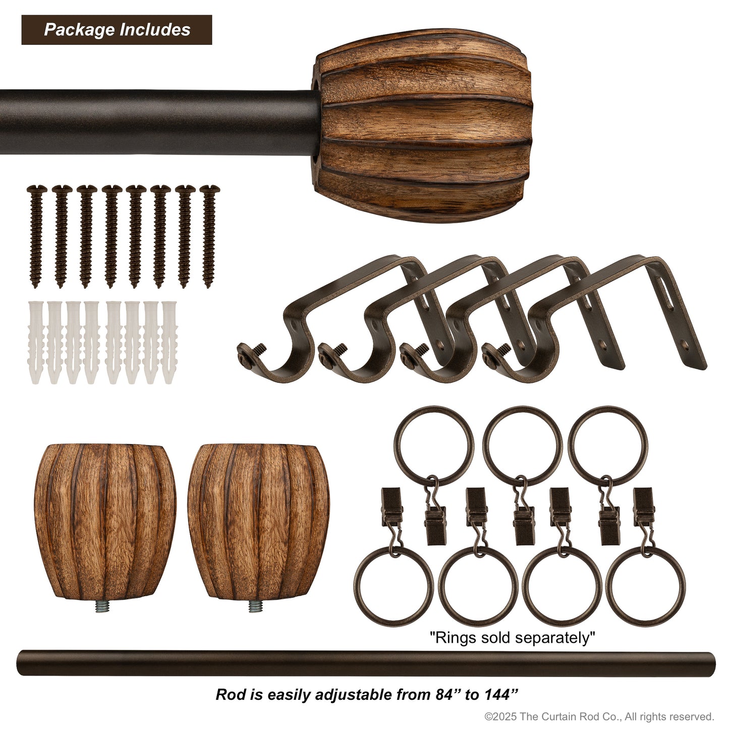 Vintage Dover Carved Wood Black or Bronze Farmhouse Curtain Rod Set