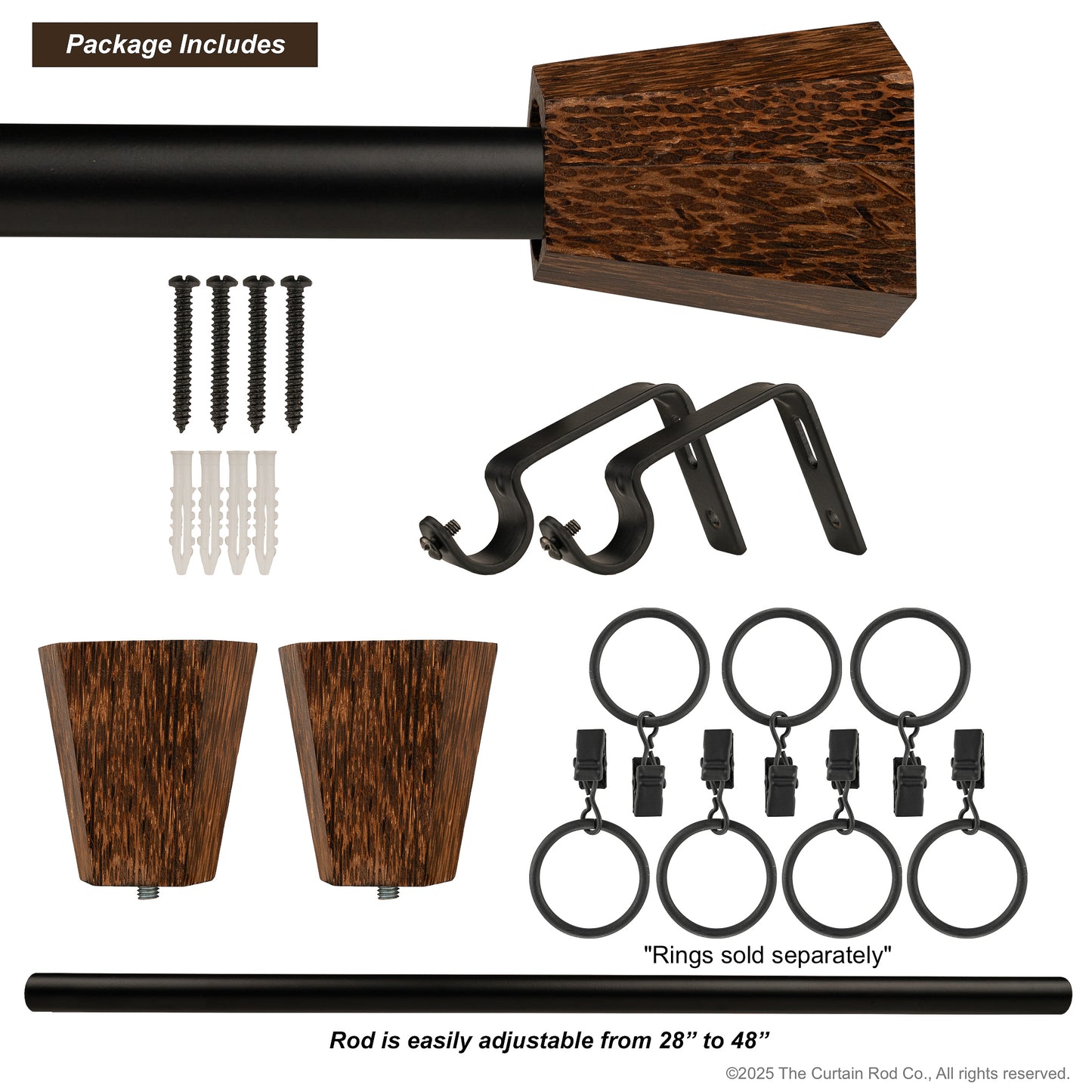 Wenge Real Wood Contempo-Modern Bronze or Matte Black Curtain Rod Set