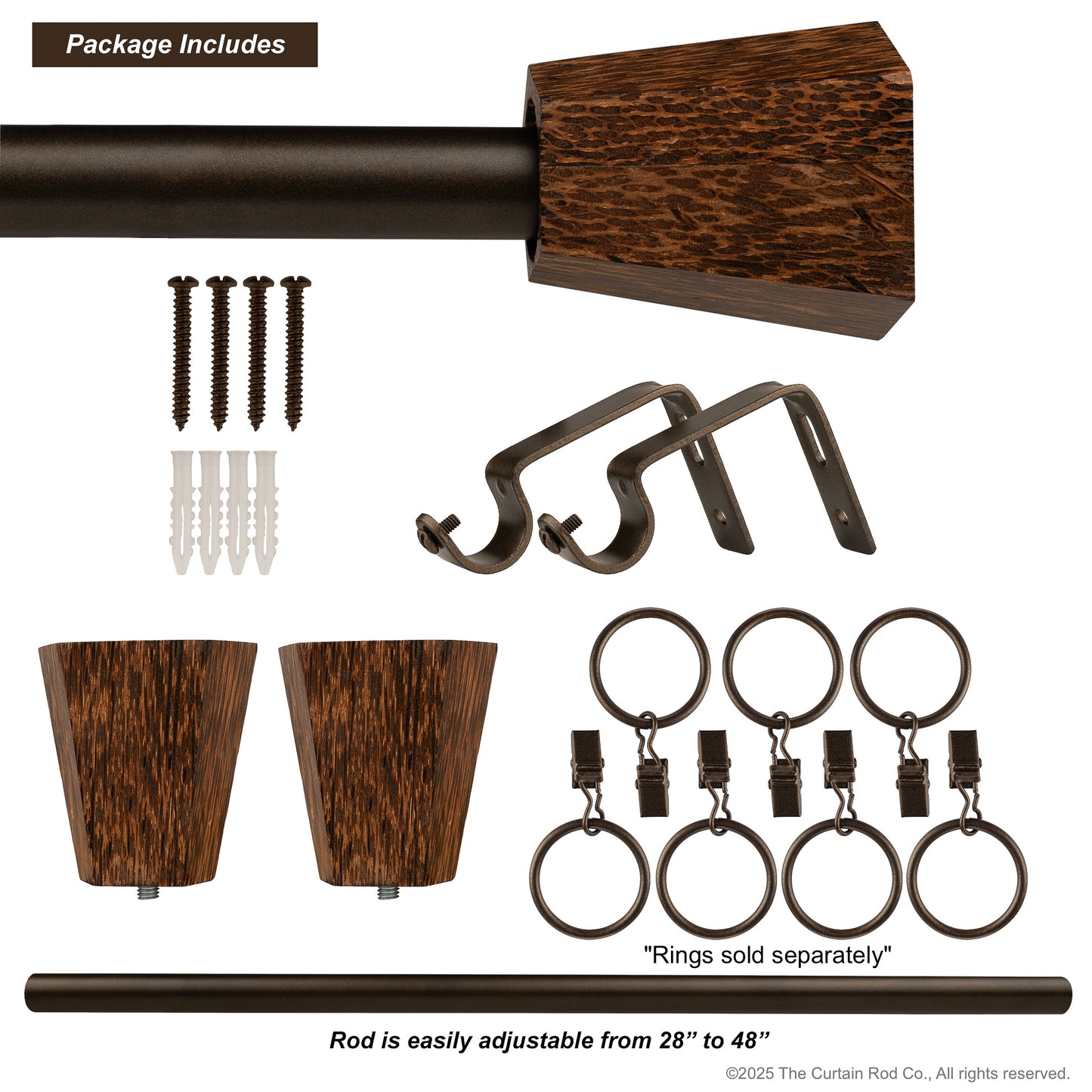 Wenge Real Wood Contempo-Modern Bronze or Matte Black Curtain Rod Set