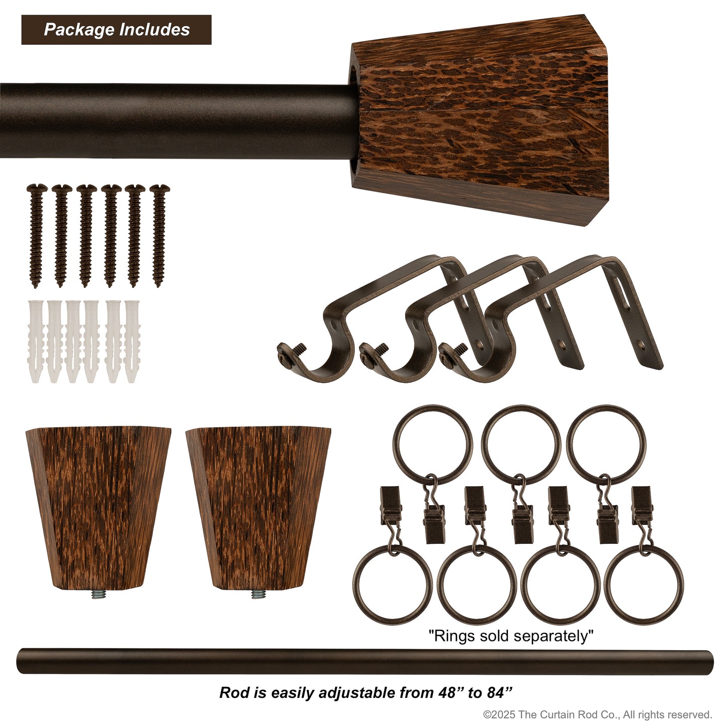 Wenge Real Wood Contempo-Modern Bronze or Matte Black Curtain Rod Set