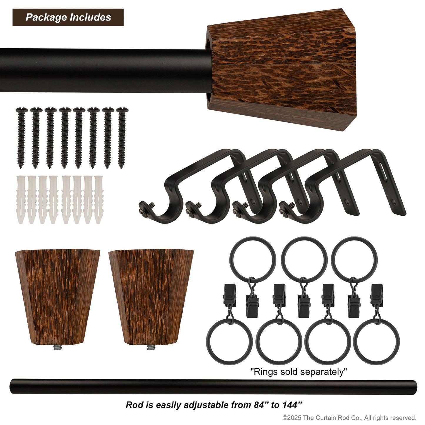 Wenge Real Wood Contempo-Modern Bronze or Matte Black Curtain Rod Set