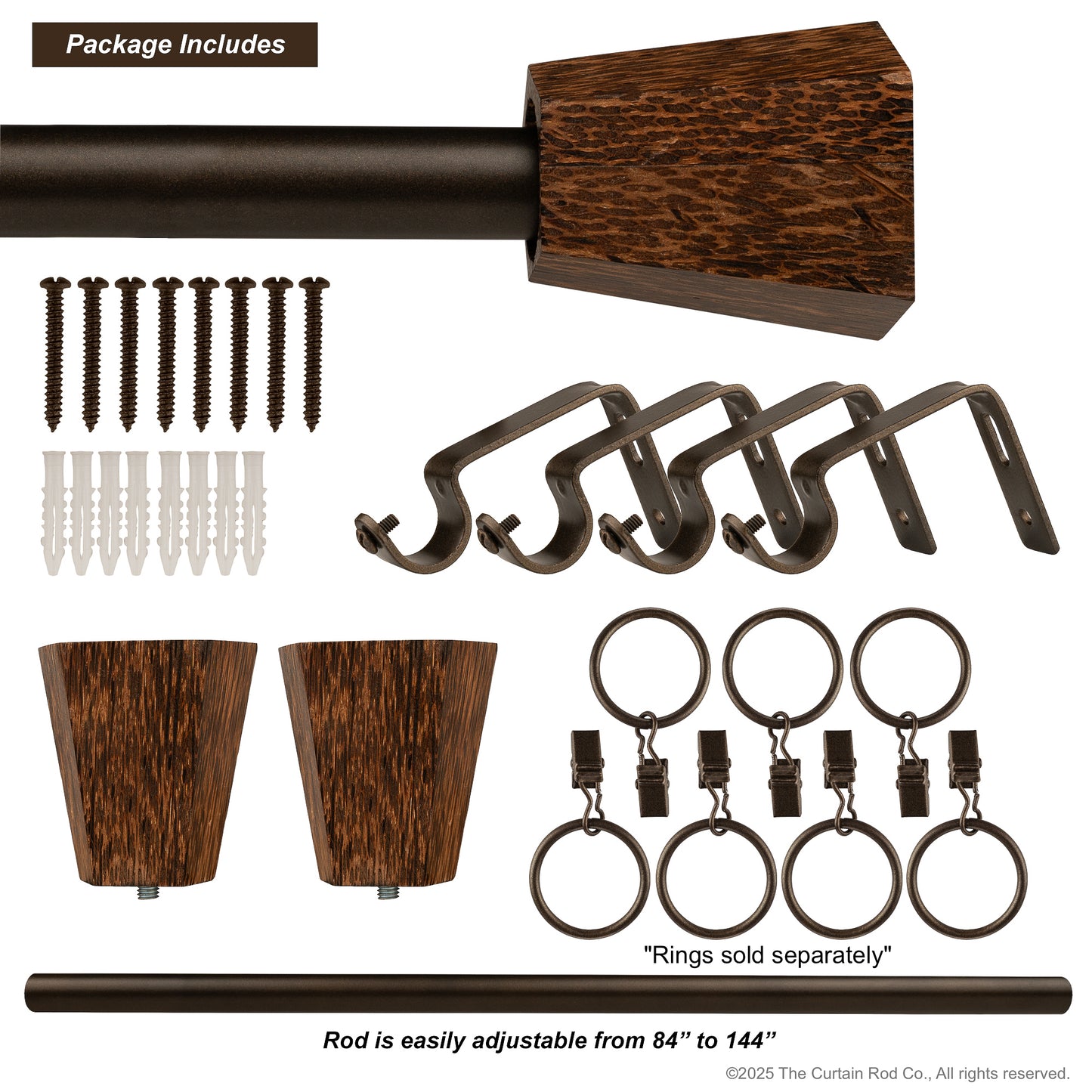 Wenge Real Wood Contempo-Modern Bronze or Matte Black Curtain Rod Set