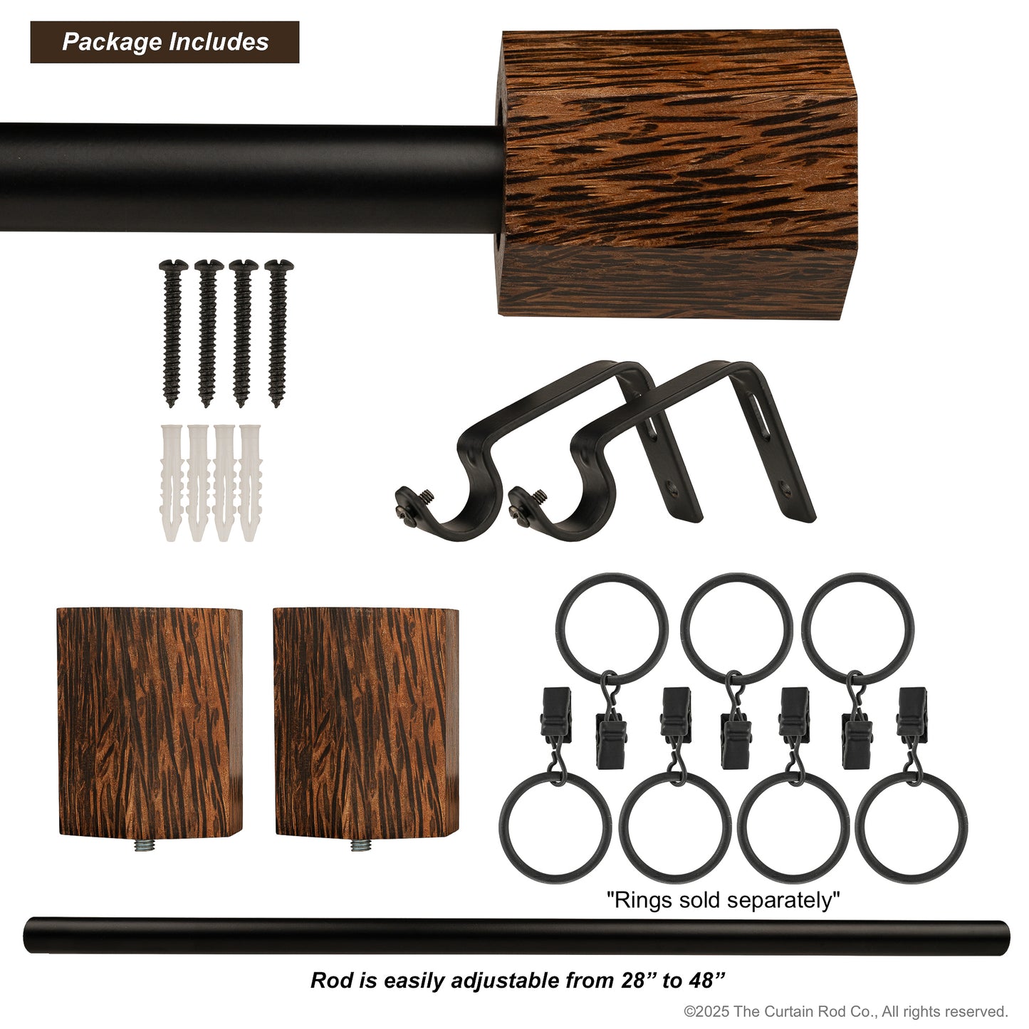 Wenge Real Wood Contempo-Modern Warm Bronze or Matte Black Curtain Rod Set