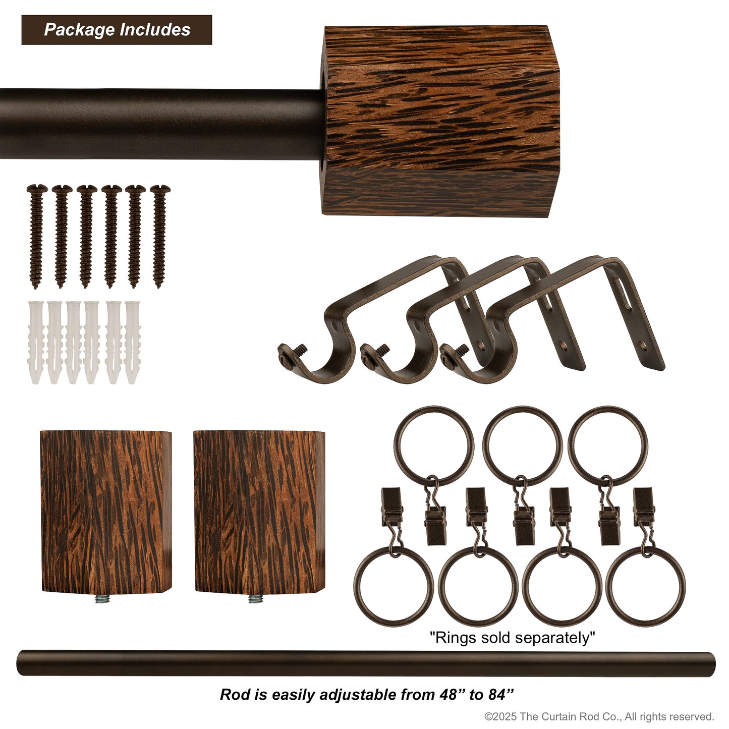 Wenge Real Wood Contempo-Modern Warm Bronze or Matte Black Curtain Rod Set