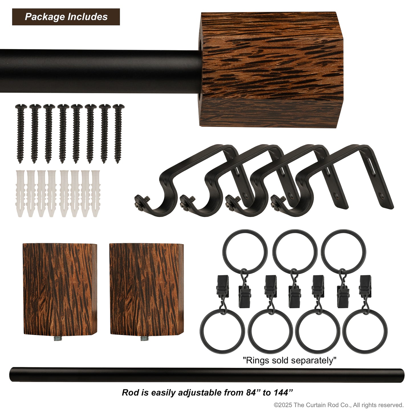 Wenge Real Wood Contempo-Modern Warm Bronze or Matte Black Curtain Rod Set