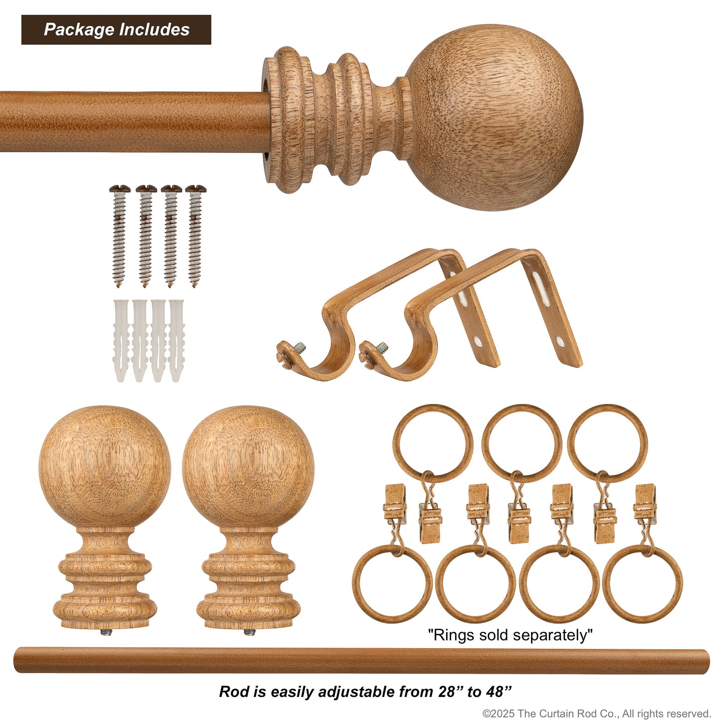 Amos Rustic Farmhouse Natural Oak Wood Curtain Rod Set